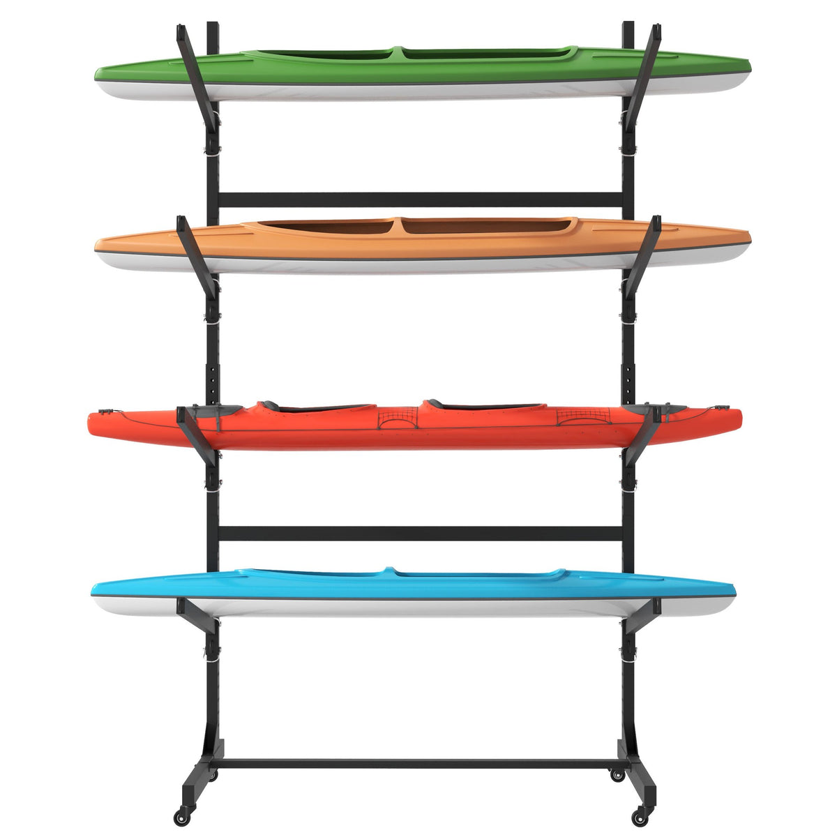 Freestanding Kayak Storage Rack with Lockable Wheels for Kayak, Canoe, SUP & Surfboard, Heavy-Duty Adjustable Stand, Black Metal, 80''H