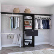 Closet System 70'W - 118'W, Three Hanging Rods, Five Shelves, One Drawer, Black
