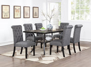 Classic Dining Room Furniture Natural Wooden Rectangle Top Dining Table 6x Side Chairs Charcoal Fabric Tufted Toll Back Top Back Chair and Storage Shelve 7pc Dining Set