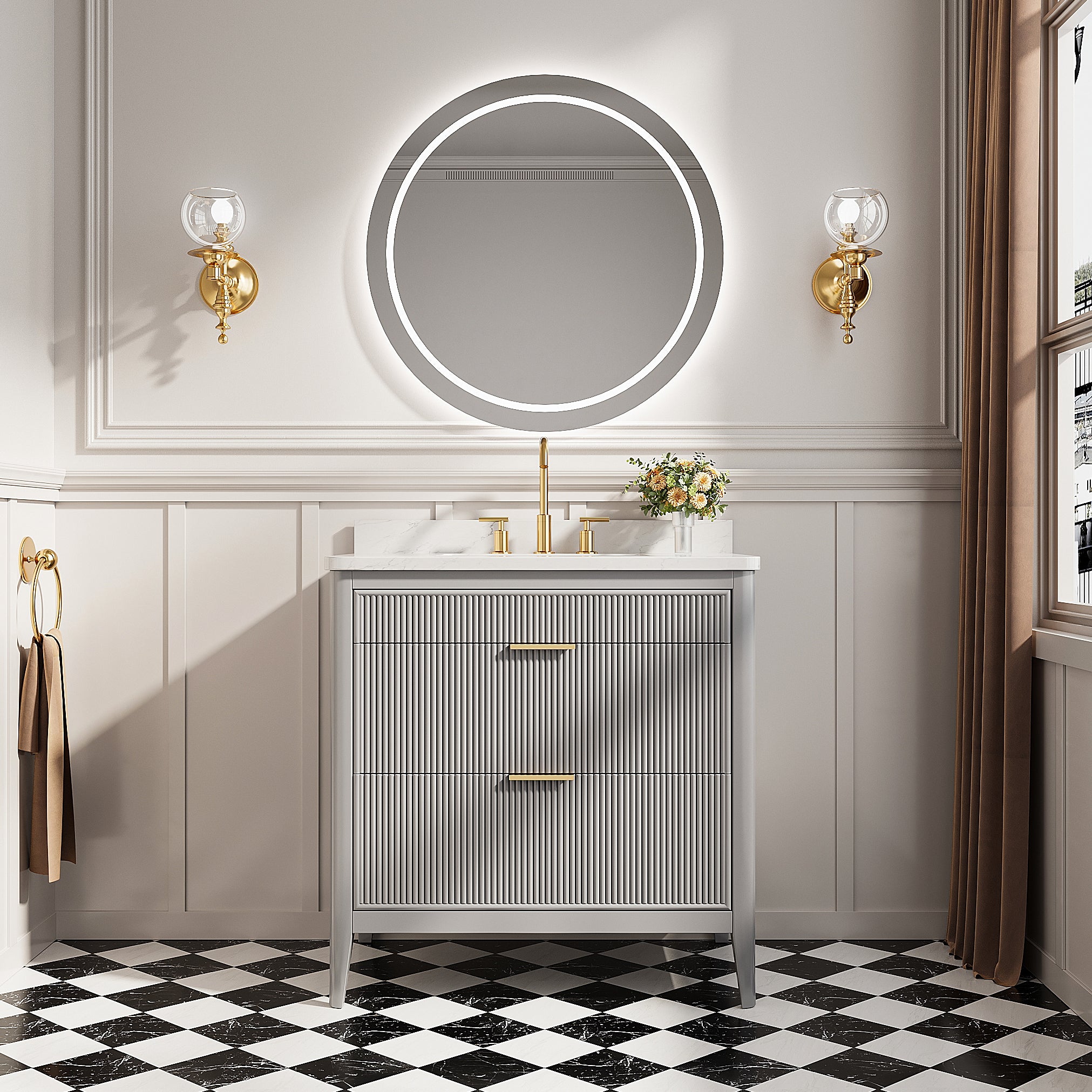 Fully Assembled 36''  Grey Freestanding Single Sink Bathroom Vanity with 2 Handle Sets and Engineered Marble Top