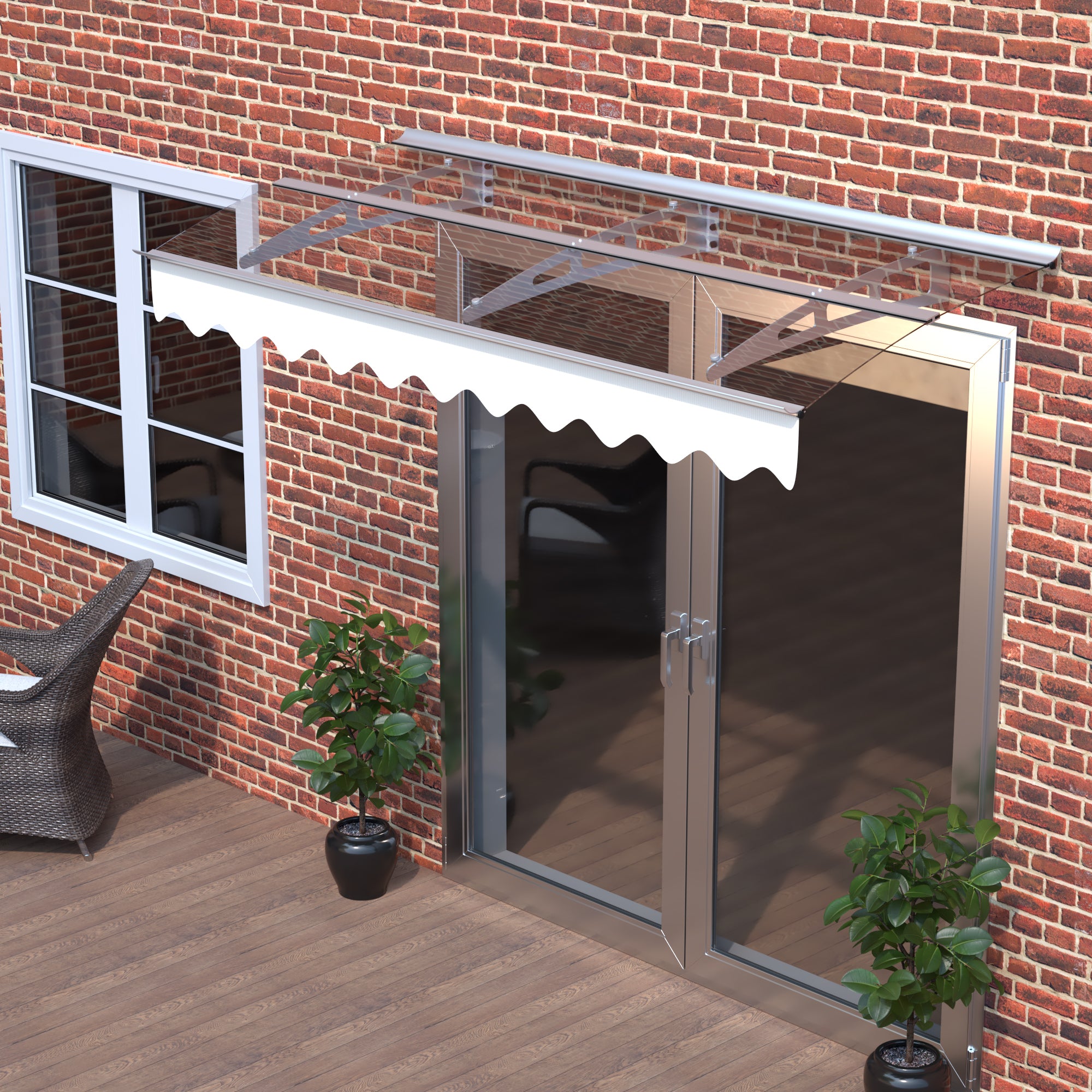 DA7934C Series Door Window Awning Canopy Made of 0.137Inch Thick Crystal Solid Polycarbonate Sheet and Aluminum Alloy with Valance in size of 79' Wide x 34' Deep for Masonry Concrete Wall House only.