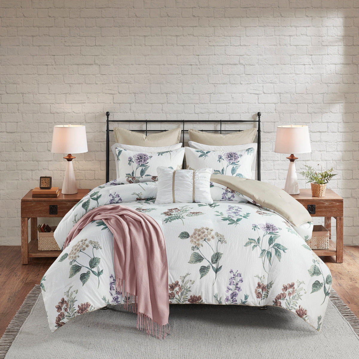 7 Piece Printed Seersucker Comforter Set with Throw Blanket Taupe/Blush King/Cal King