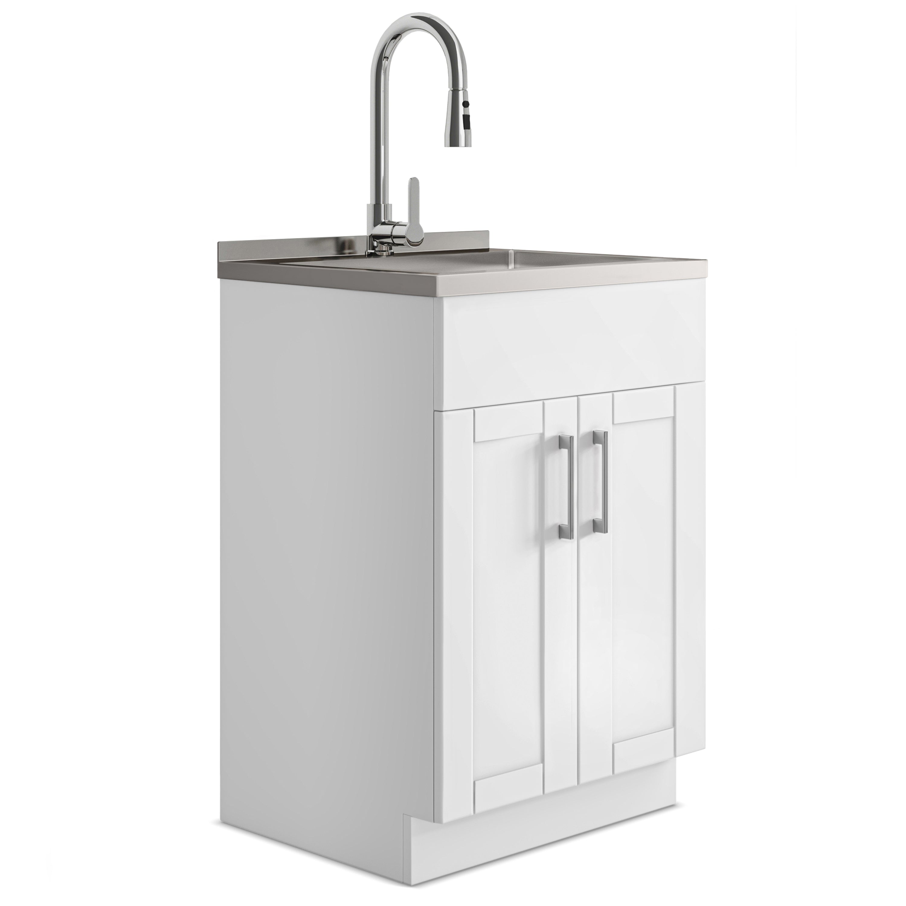 Modern Wide Shaker - 24' Laundry Cabinet with Faucet and Stainless Steel Sink - White