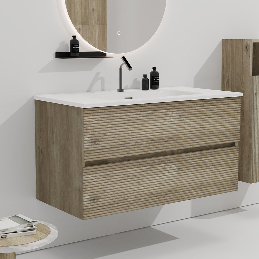 Gloria 36' Wall Mounted Rough Oak&Rough Oak Bathroom Vanity with Integrated Ceramic Sink with Overflow, Large Storage Floating Bathroom Vanity for Modern Bathroom, Pre-assembled