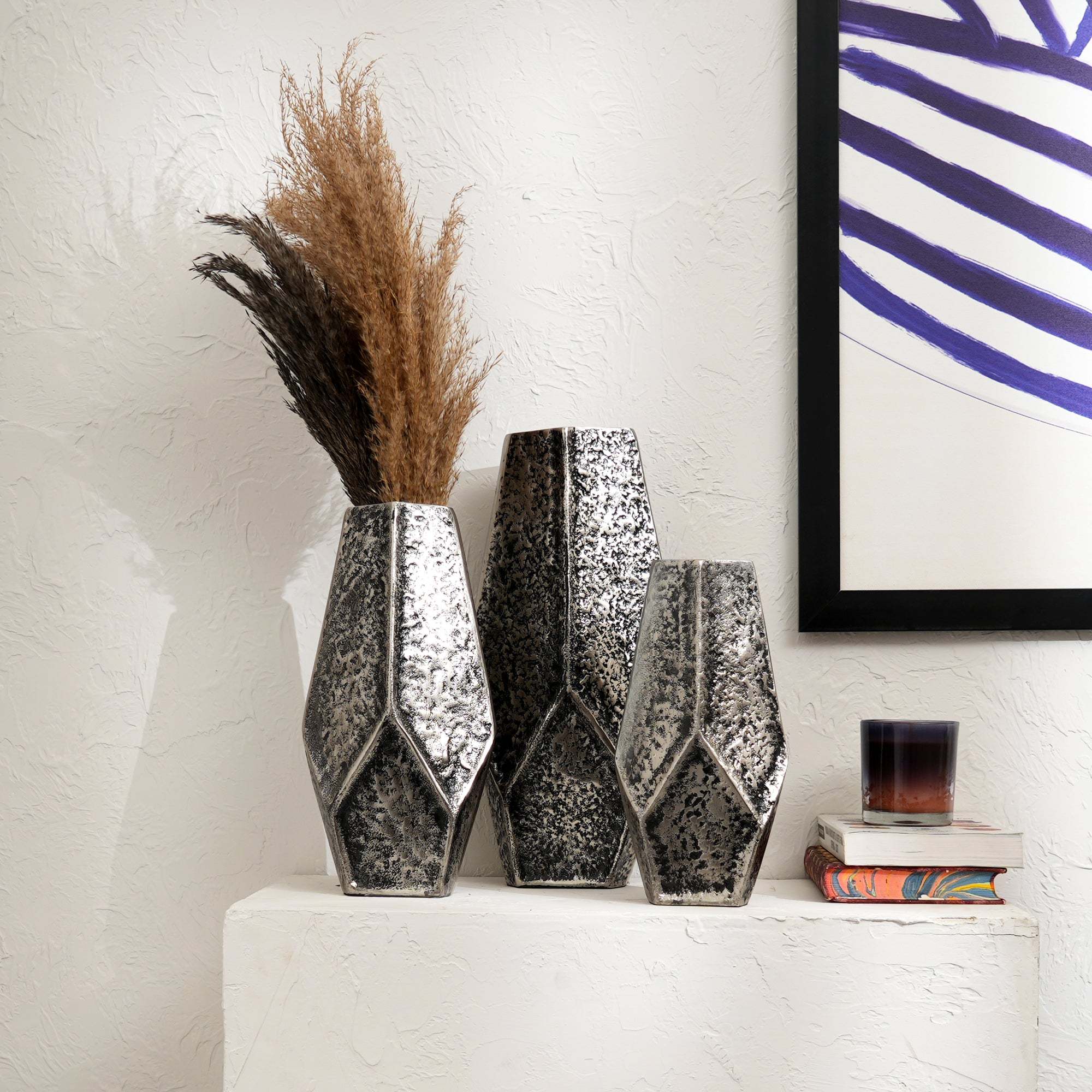 Decorative Nickel Antique Aluminum Vases – Set of 3 Table Accents