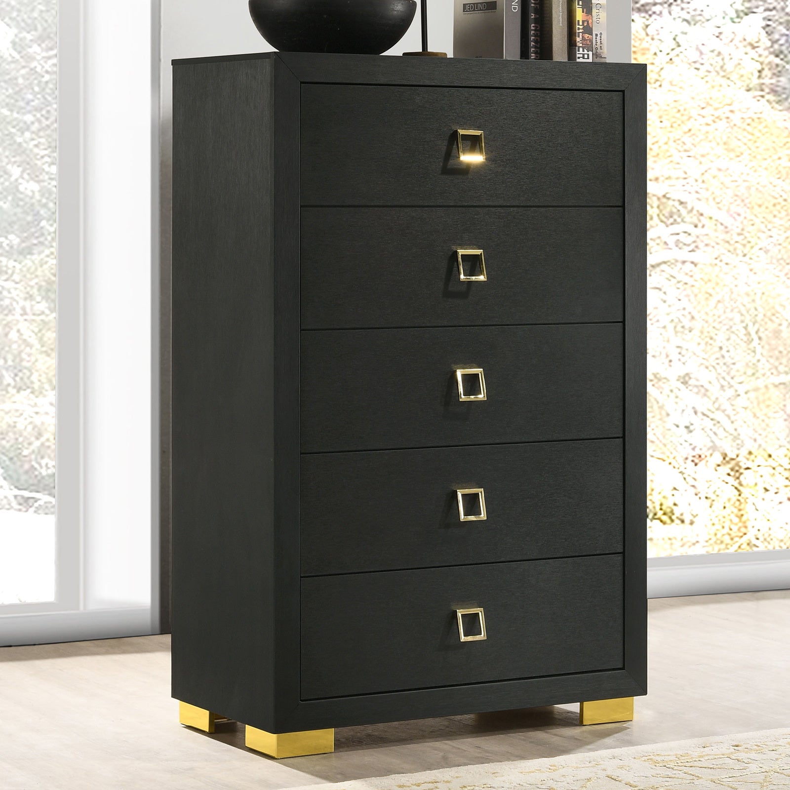 Modern Contemporary Style 1pc Chest Gold Square Handles And Metal Legs Centre Glide English Dovetail Drawers Black Finish Bedroom Furniture