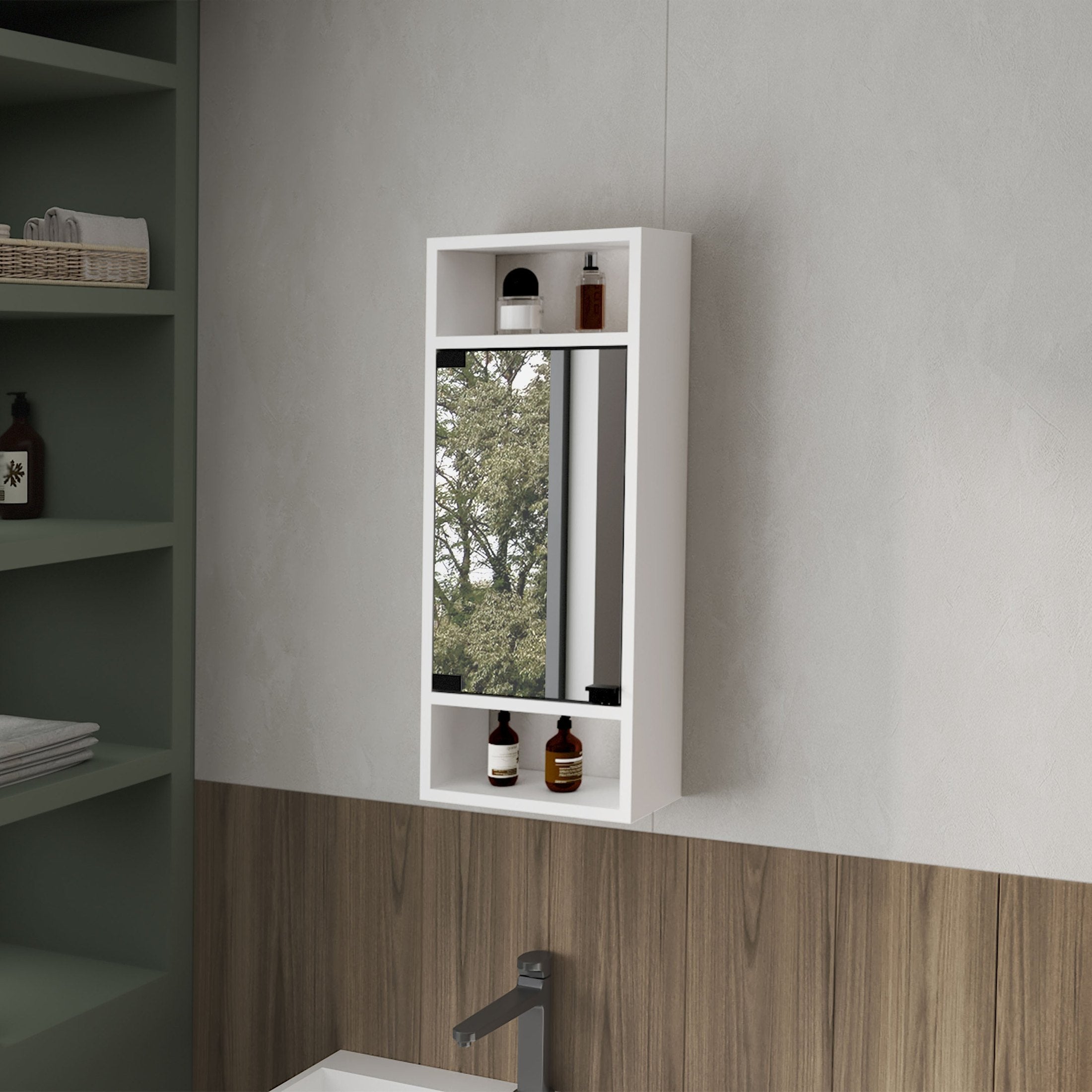 FM FURNITURE Pine Like Medicine Cabinet with Mirrored Door and Open Storage, White