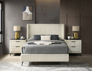 Mavela Wide Wale Corduroy Upholstery Panel Queen Bed with 2 Nightstands, Cream