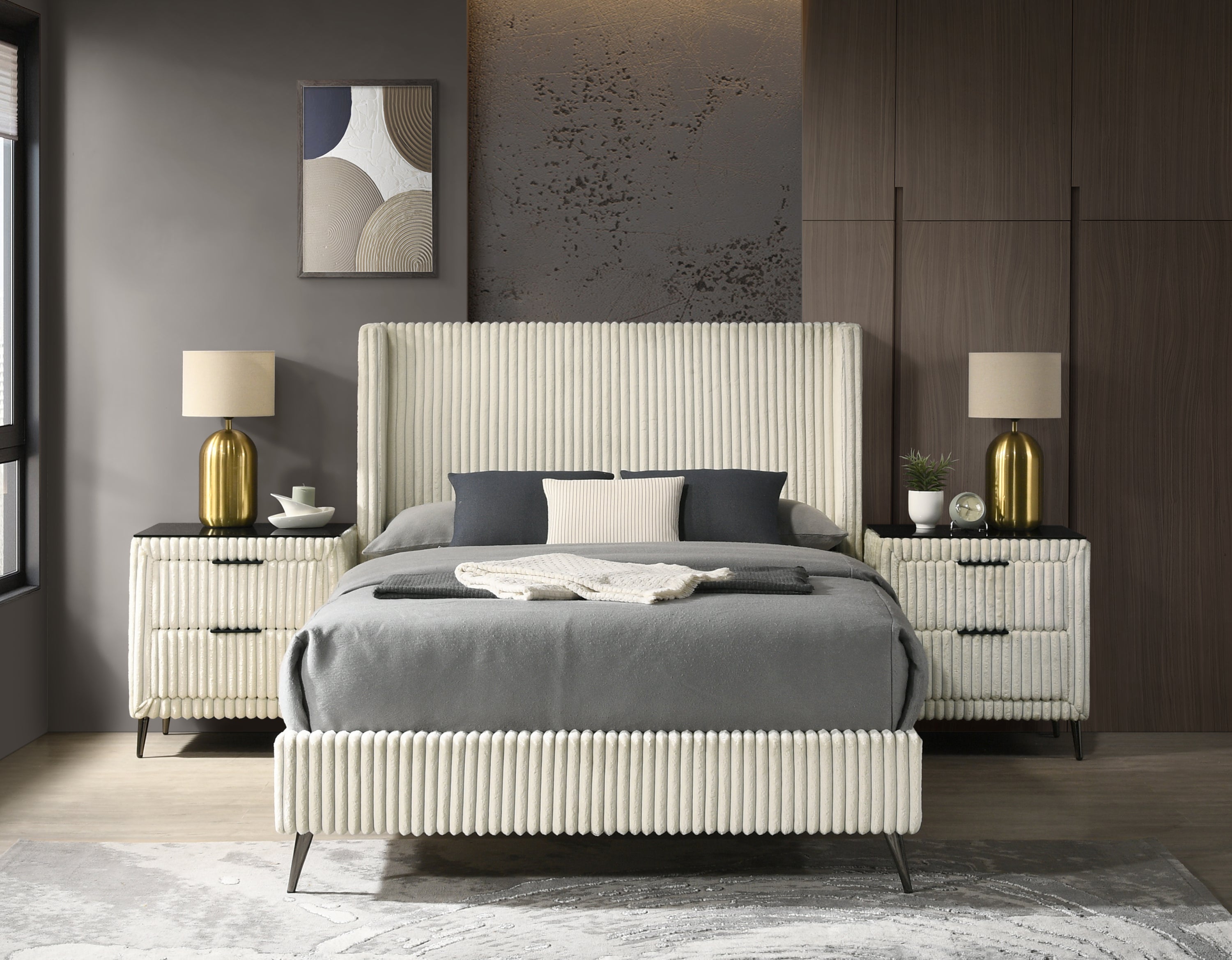 Mavela Wide Wale Corduroy Upholstery Panel Queen Bed with 2 Nightstands, Cream