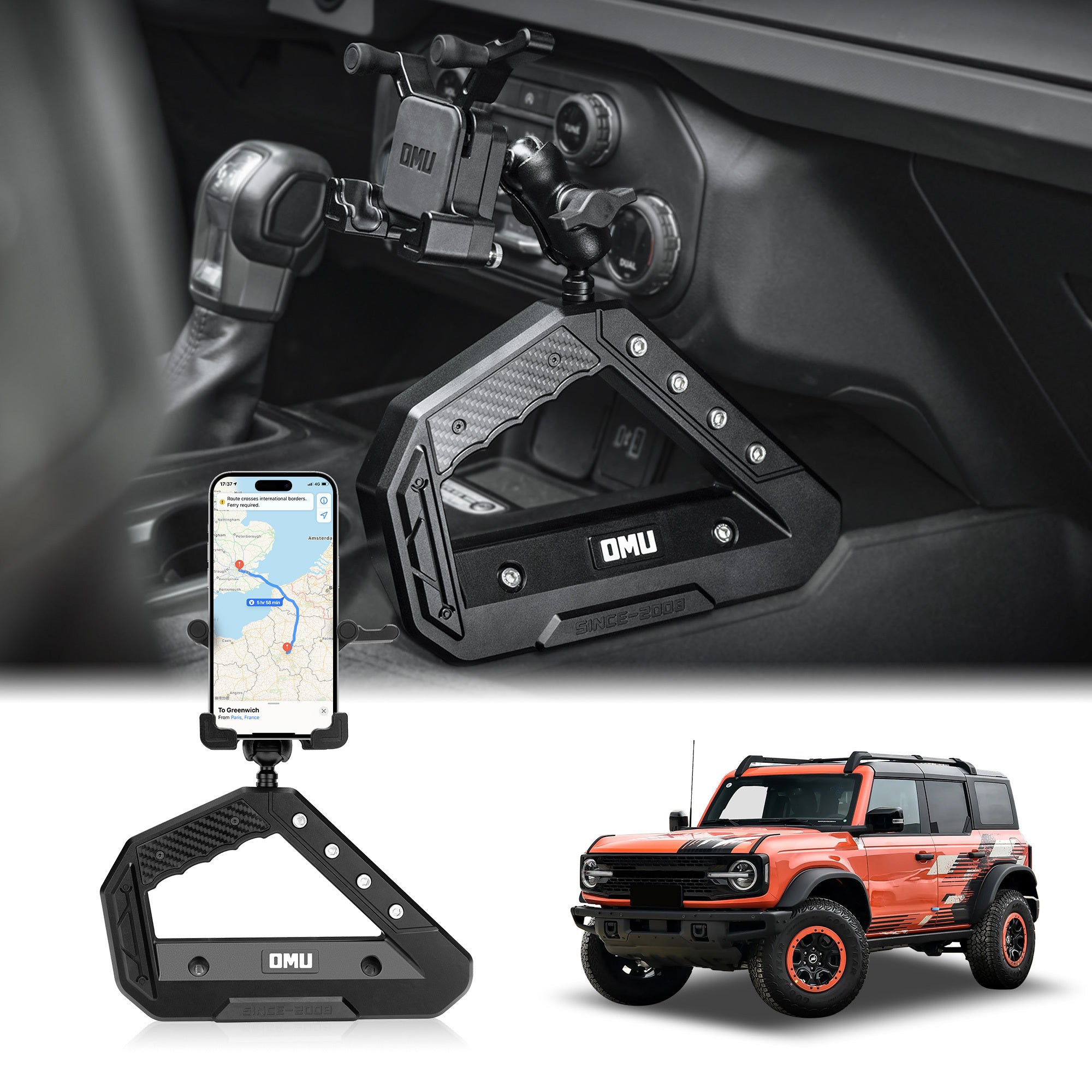 OMU Genesis Series Aluminum Center Console Grab Handle With Phone Holder For Ford Bronco 2021+( Not fit for Ford Bronco Sport)