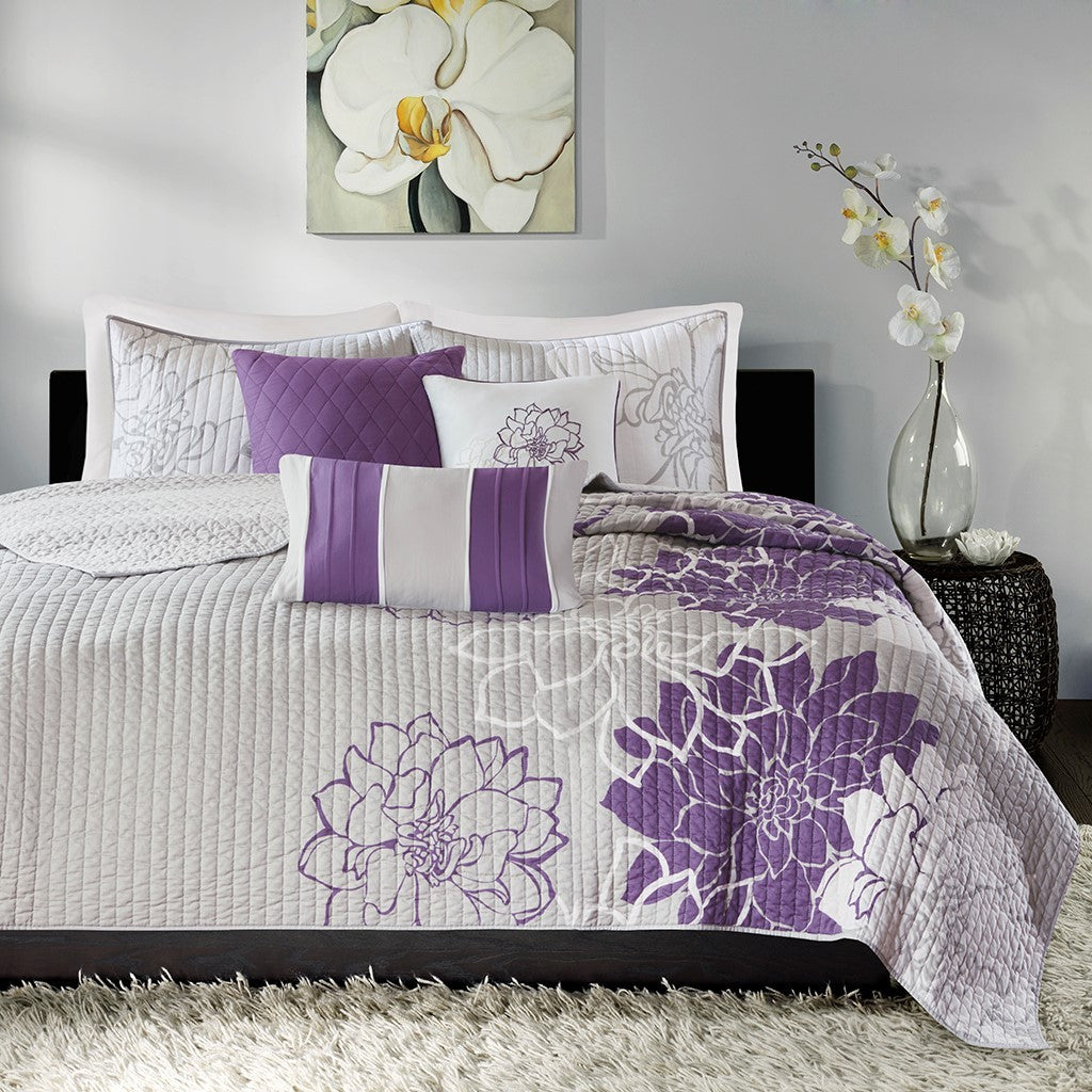 6 Piece Printed Cotton Quilt Set with Throw Pillows Taupe Grey/Purple King/Cal King