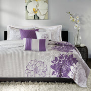 6 Piece Printed Cotton Quilt Set with Throw Pillows Taupe Grey/Purple King/Cal King