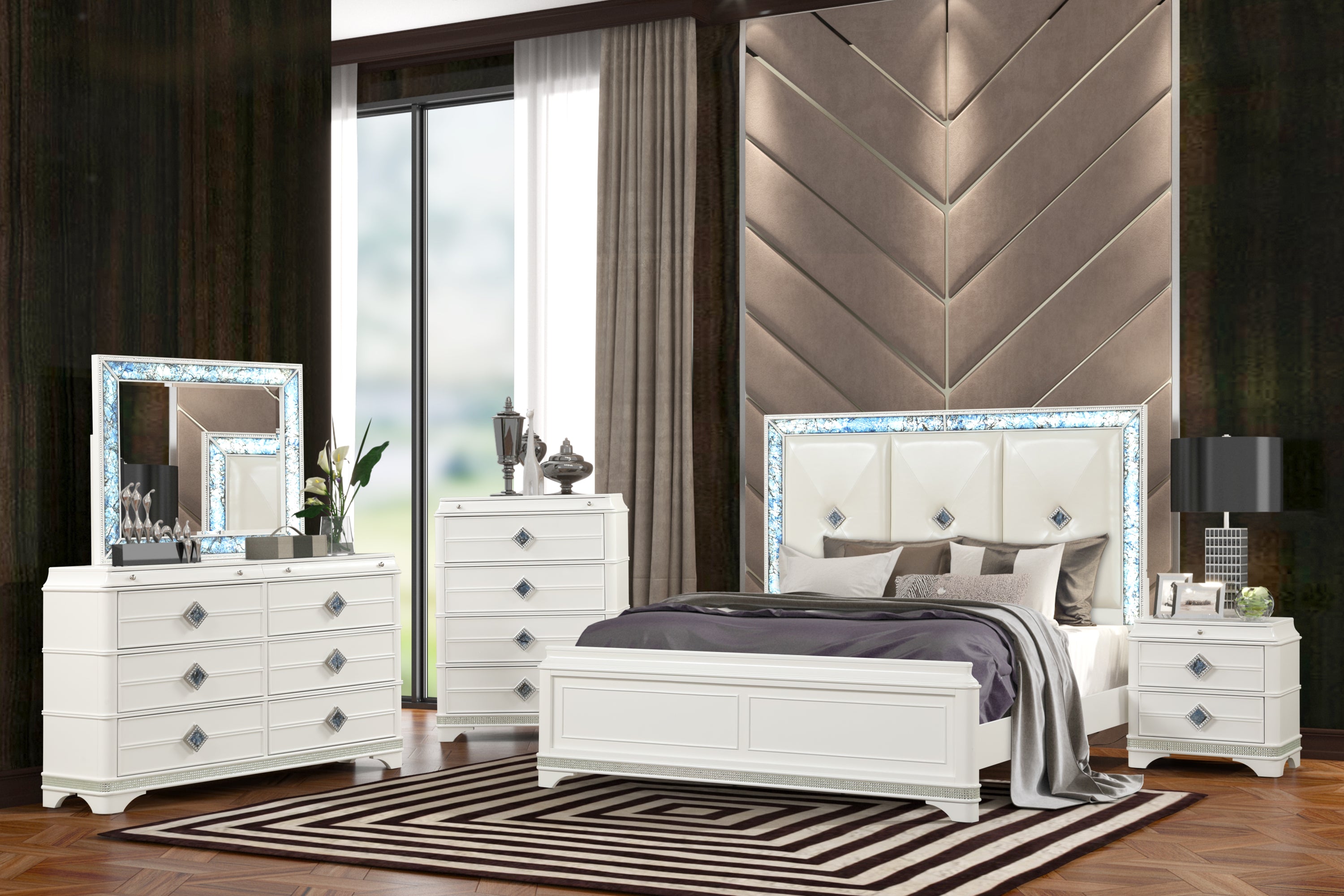 Laguna Modern Style 5 Pc King Upholstered Bedroom Set Made with Wood and Crystal Accents in White(CA INVENTORY)
