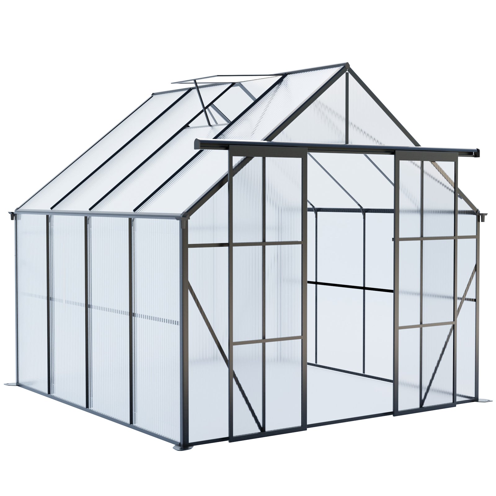 Heavy Duty Walk-in Greenhouse 8x8 FT with Double Door and Polycarbonate Panels for Outdoor Use, Black Aluminum Frame