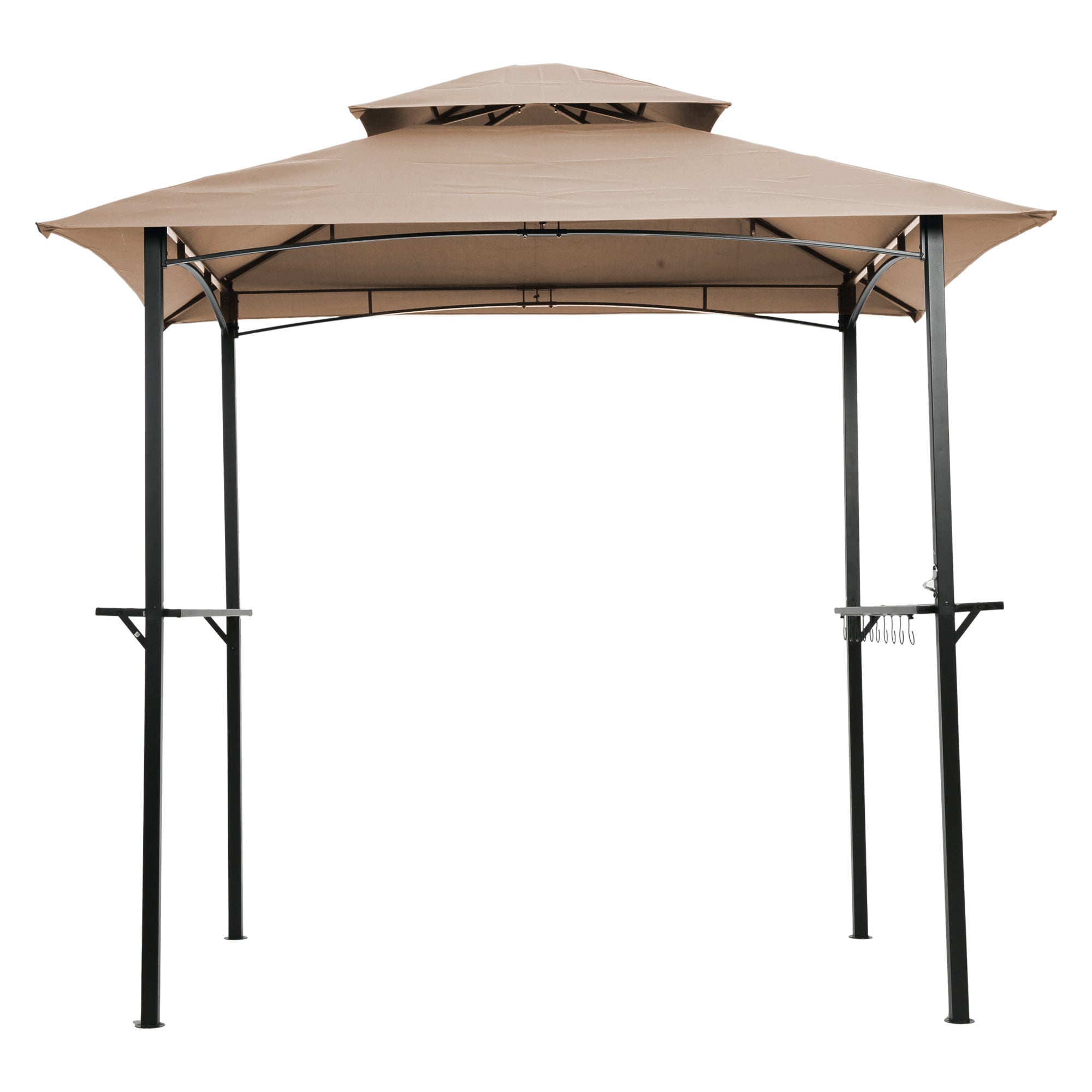Outdoor Grill Gazebo 8 x 5 ft (96 - 60 in) with Double-Tier Soft Top Canopy, Steel Frame, Bar Counters & Hook - Khaki Metal