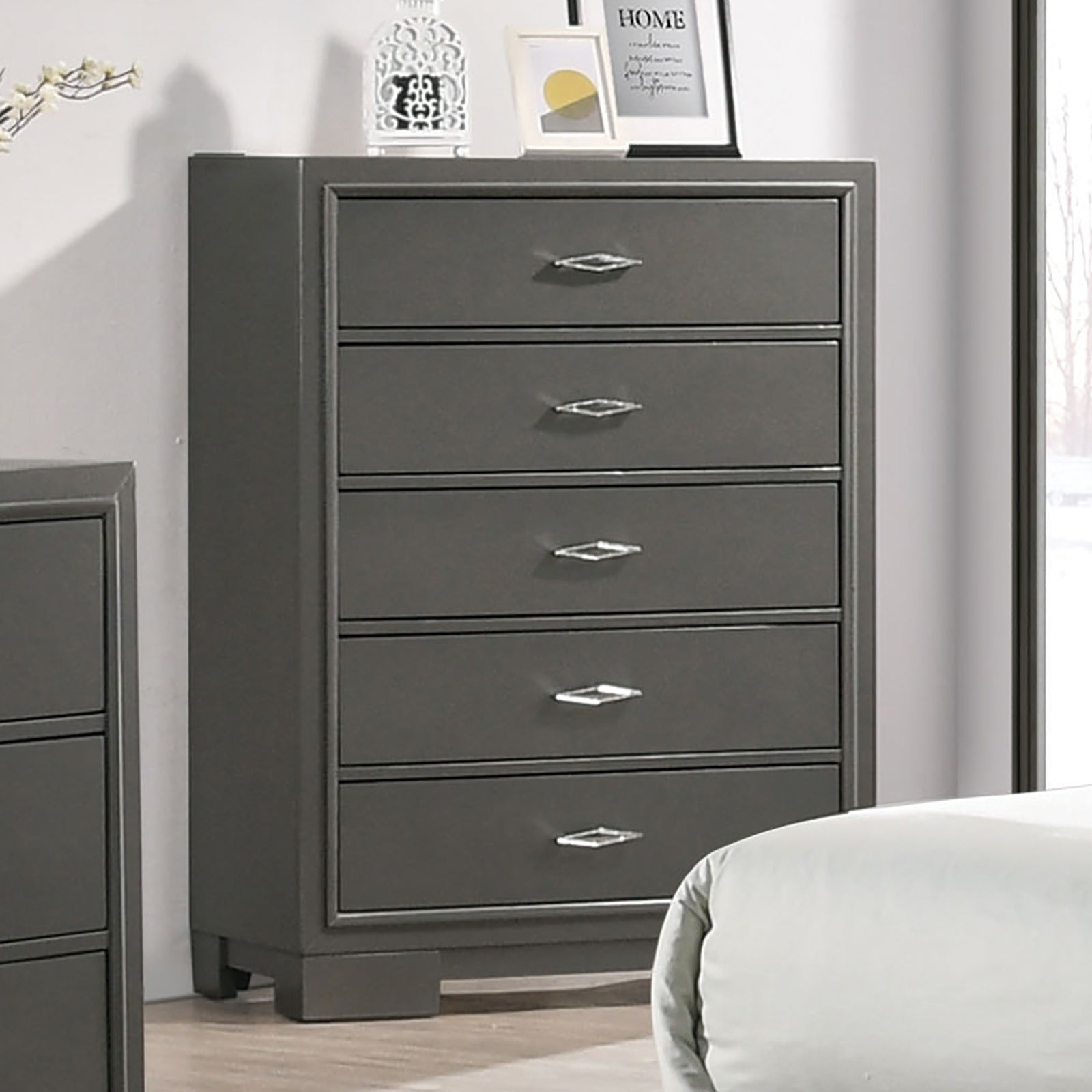 1pc chest Contemporary Style Five Drawers Acrylic Drawers Handles Bracket Feet Metallic Grey Finish