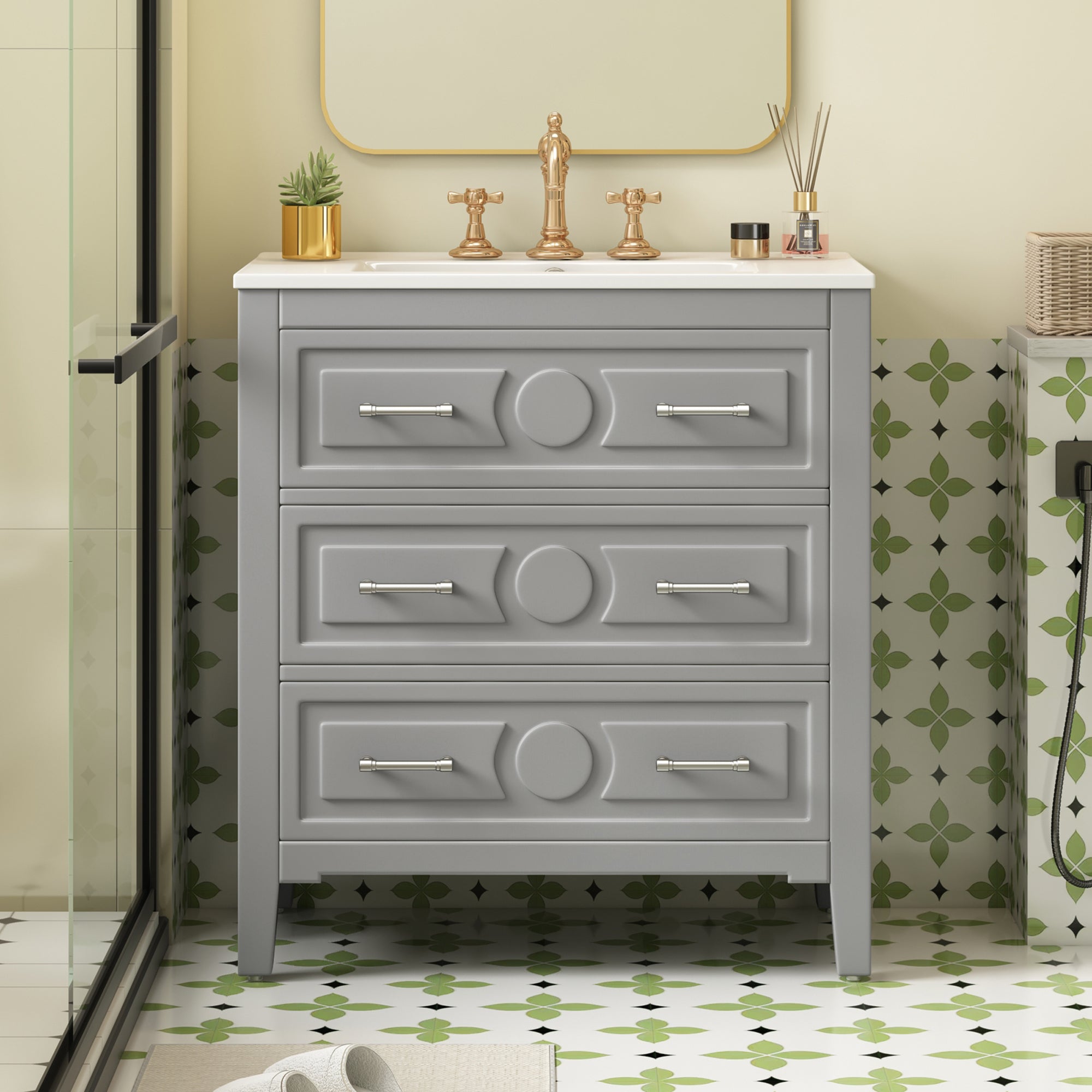 30'' Bathroom Vanity with Ceramic Sink Combo, Free Standing Single Vanity Set with 3 Drawers, Solid Wood Frame Bathroom Storage Cabinet, Gray