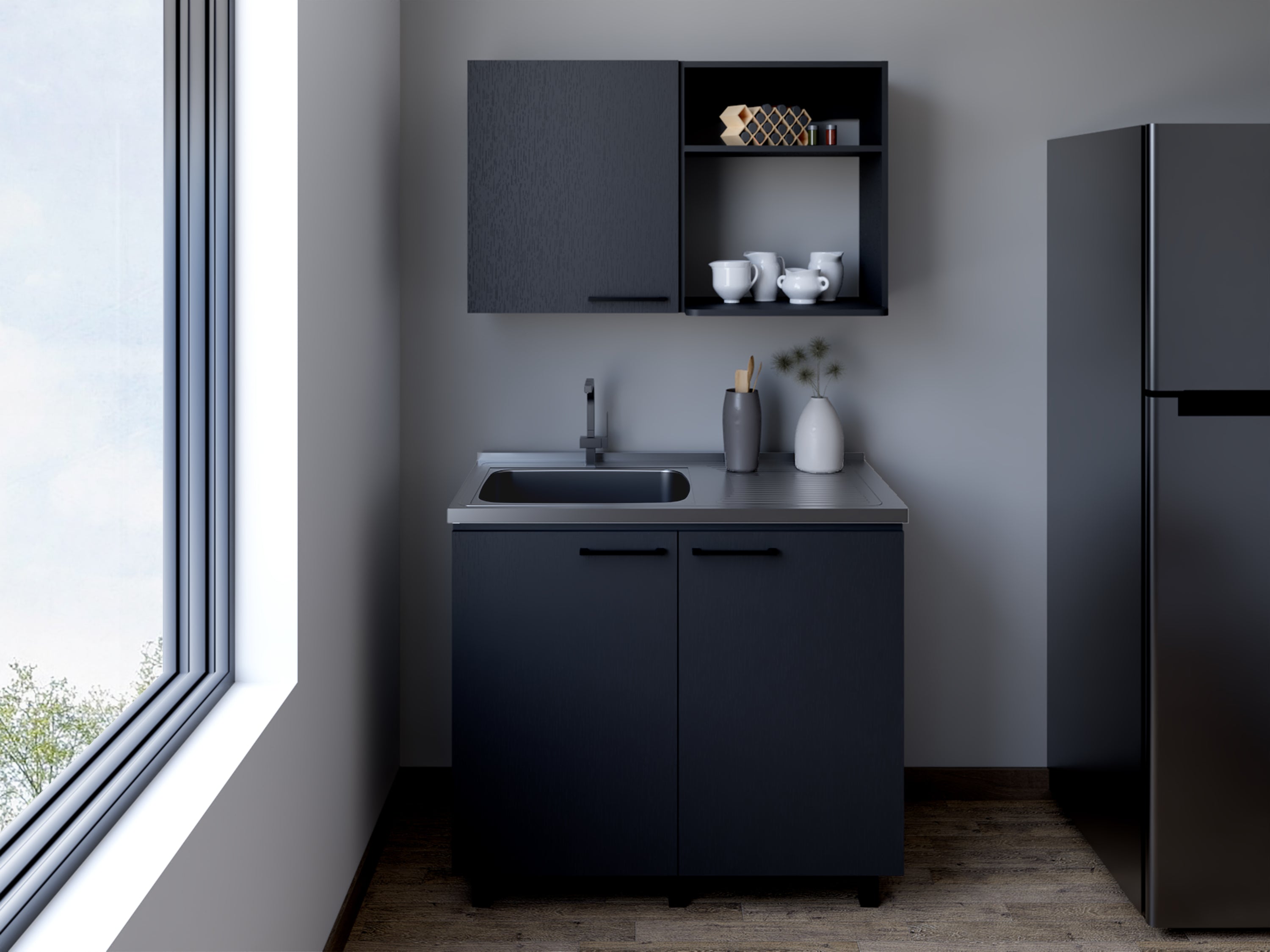 Alexandria 2 Piece Kitchen Set, Wall Cabinet + Utility Sink, Black