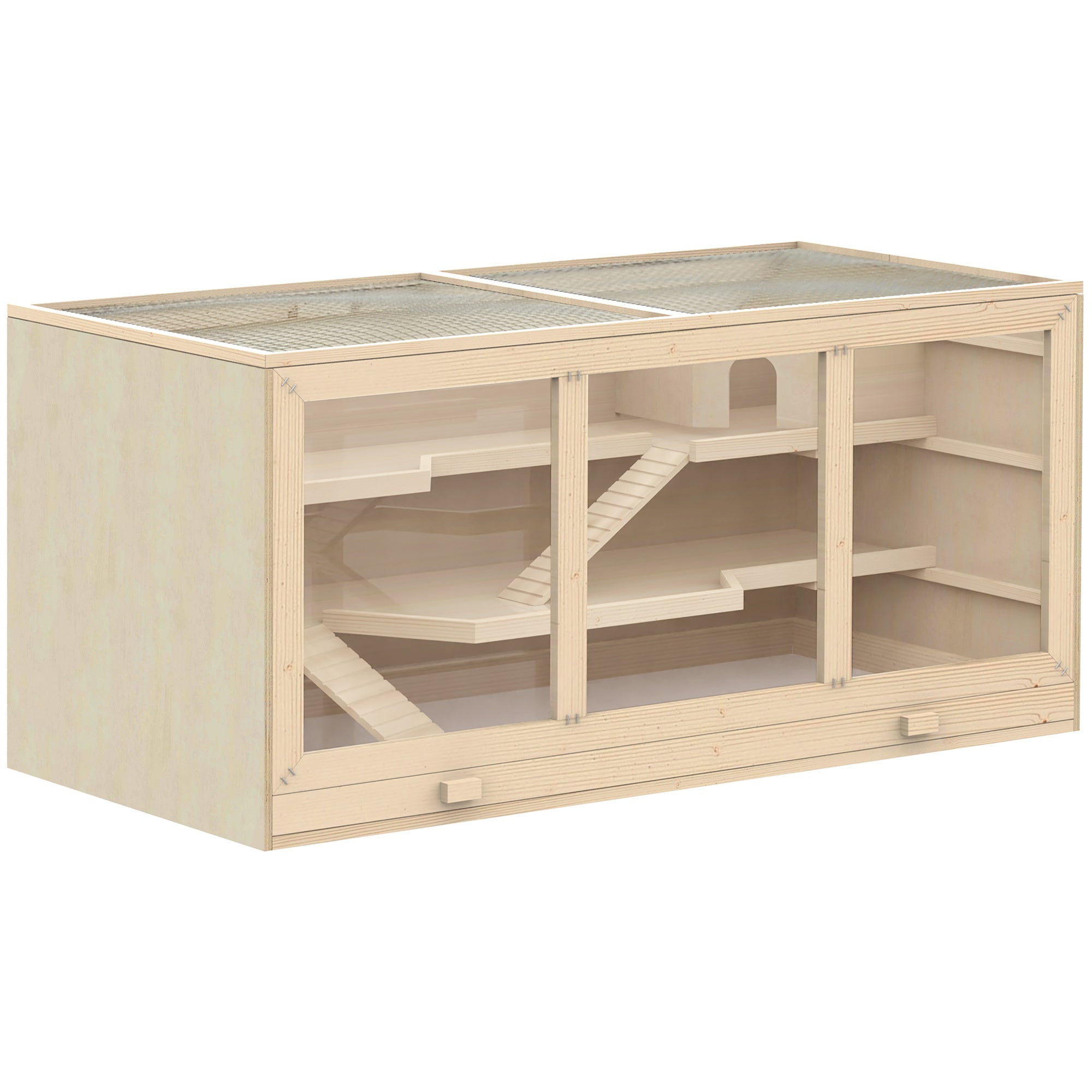 PawHut Extra Large Wooden Hamster Cage, Gerbil Cage, and Other Small Animal Habitat, Hamster Habitat with Opening Roof, Hut, Ramps, Natural