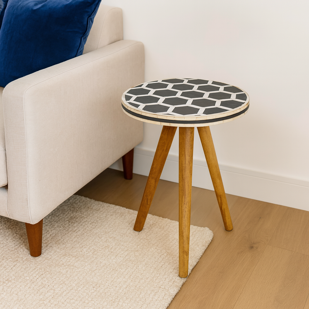 Solid Wood Bone Inlay Tripod Stool, Black and White