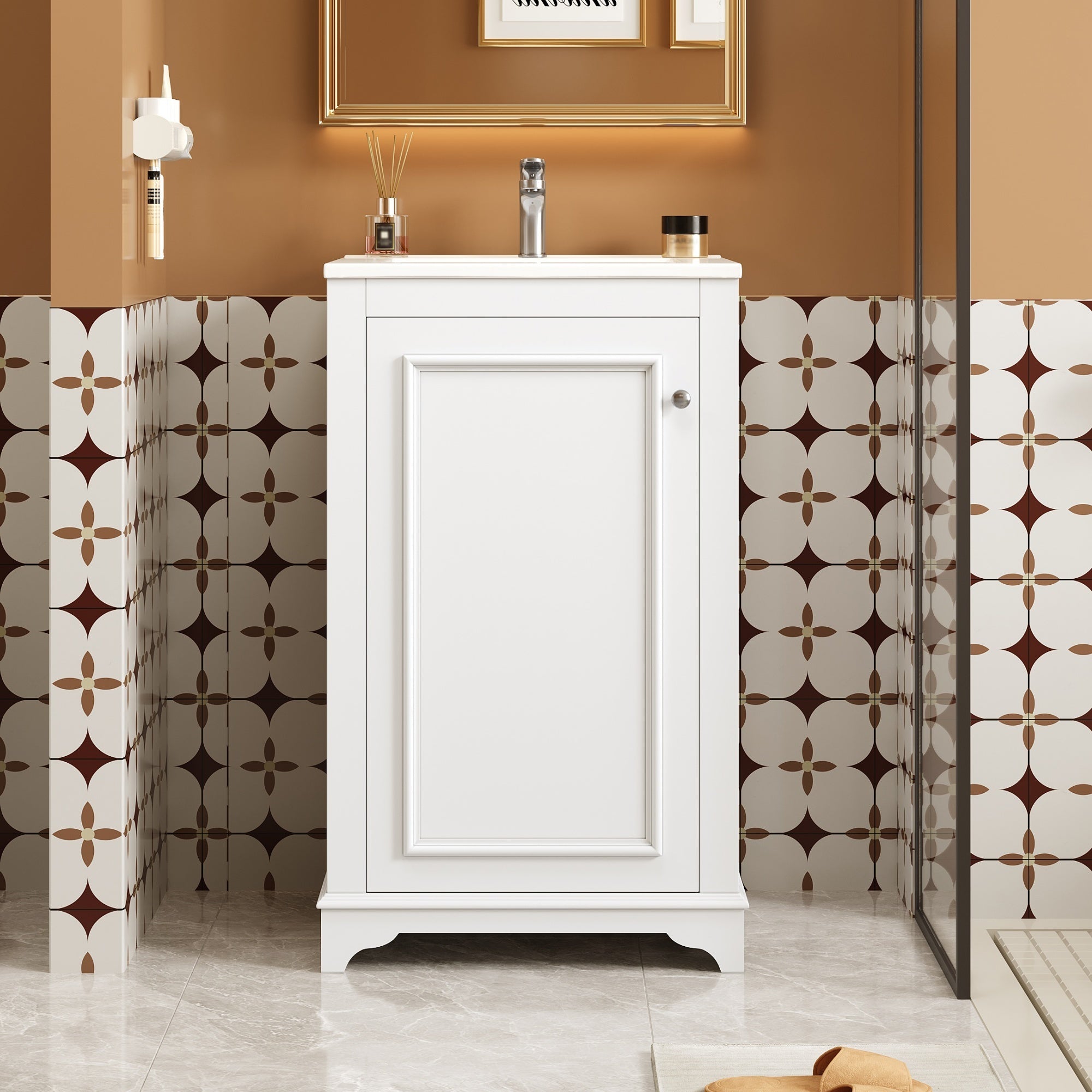 20-inch Bathroom Vanity with Ceramic Sink, Freestanding Single Vanity Set with Soft Closing Door, adjustable shelf, Modern Style, White.