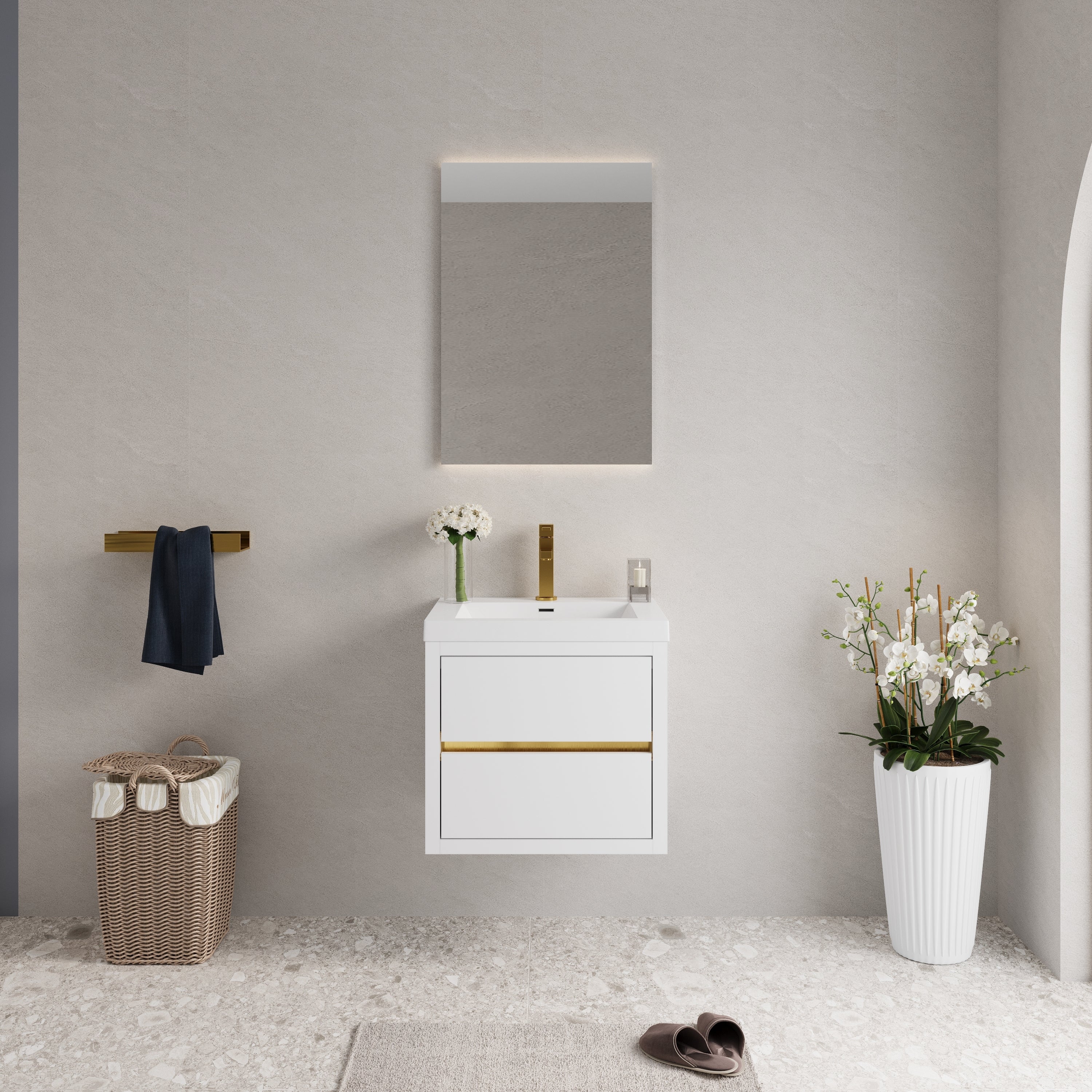 24' Wall-Mounted Bathroom Vanity with Sink, Floating Bathroom Storage Cabinet with Stone Resin Countertop and Soft Close Drawers, Glossy White 24V15-24GW