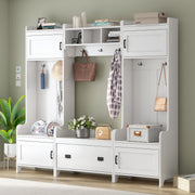 ON-TREND Modern Style 4-in-1 Multiple Functions Hallway Coat Rack with Seven Metal Black Hooks, Entryway Bench Hall Tree with Ample Storage Drawer, White (Old SKU: SD000006AAK)