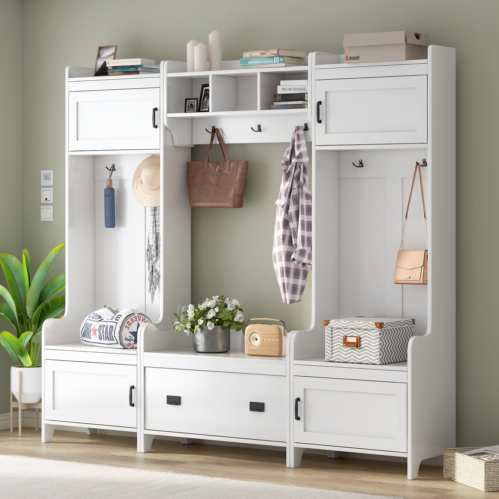 ON-TREND Modern Style 4-in-1 Multiple Functions Hallway Coat Rack with Seven Metal Black Hooks, Entryway Bench Hall Tree with Ample Storage Drawer, White (Old SKU: SD000006AAK)