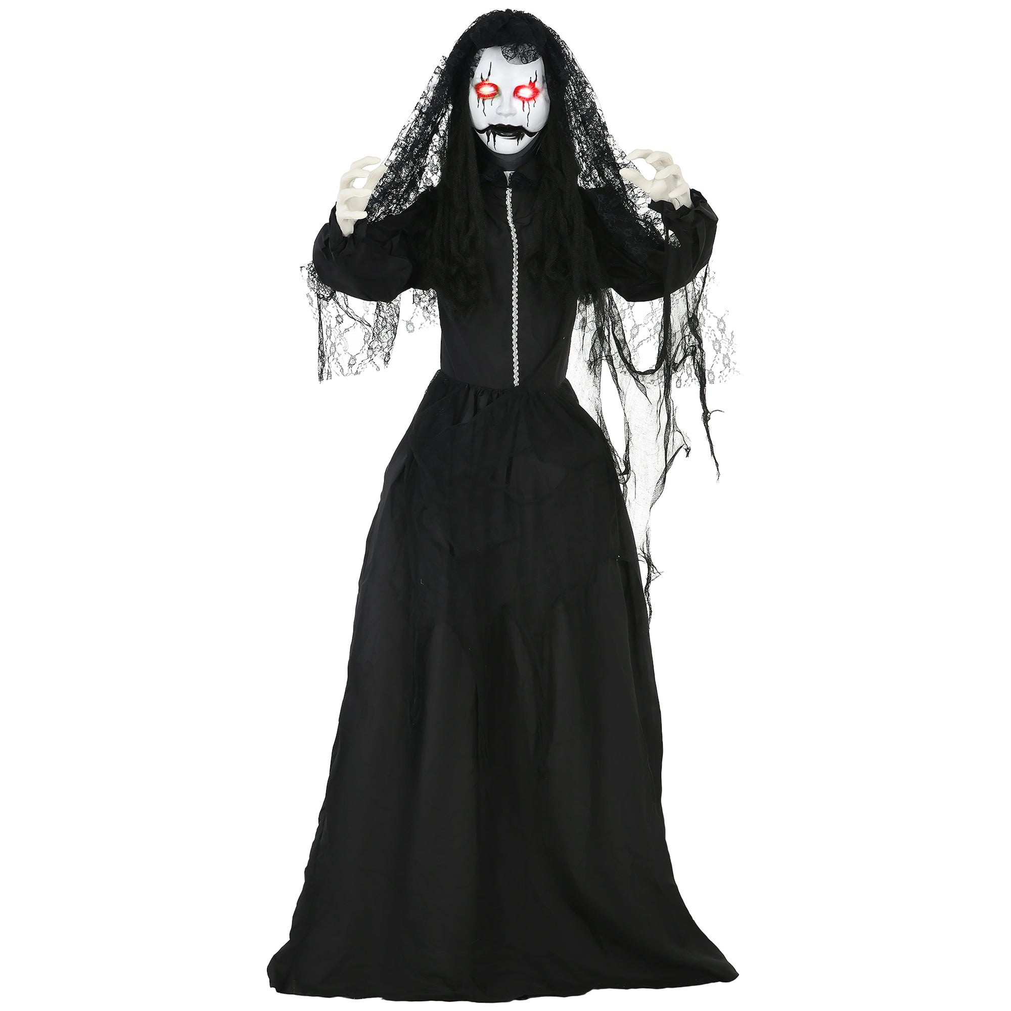HOMCOM 67' Life Size Freestanding Scary Ghost Bride, Animated Halloween Prop with Sound Activation and Red Eyes, Creepy Voice, for Covered Outdoor and Indoor, Battery Operated Animatronic Decor