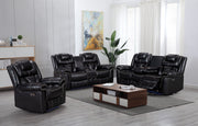ENCORE 2pc BLACK POWER SOFA, LOVESEAT SET  DUAL POWER WITH DROP DOWN TRAY& SPEAKERS, WIRELESS CHARGER, LIGHT TAPE LEATHER GEL USB ON SWITCH