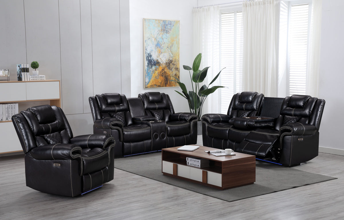 ENCORE 3pc BLACK POWER SOFA, LOVESEAT & RECLINER SET  DUAL POWER WITH DROP DOWN TRAY& SPEAKERS, WIRELESS CHARGER, LIGHT TAPE LEATHER GEL USB ON SWITCH