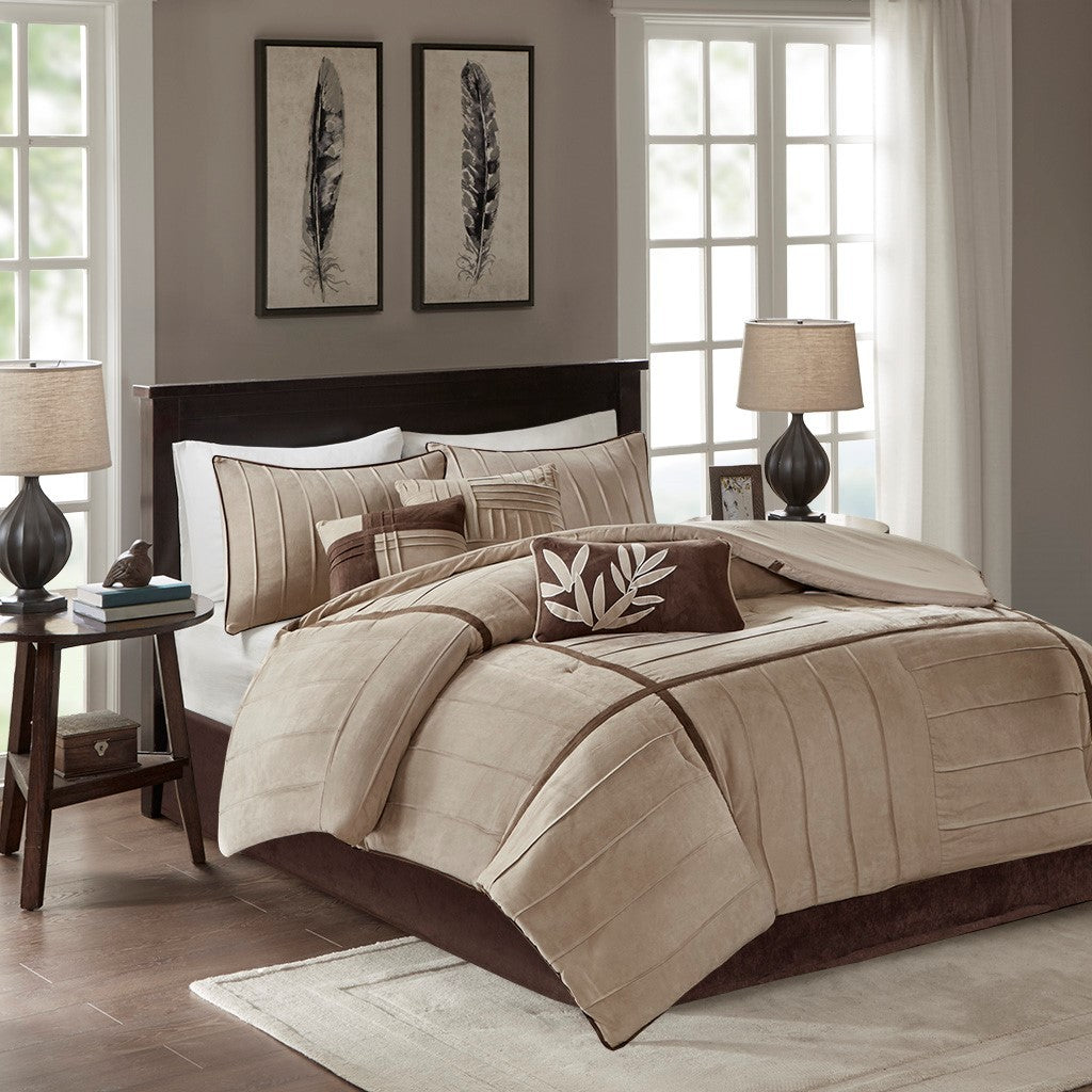 7 Piece Faux Suede Comforter Set Beige Full