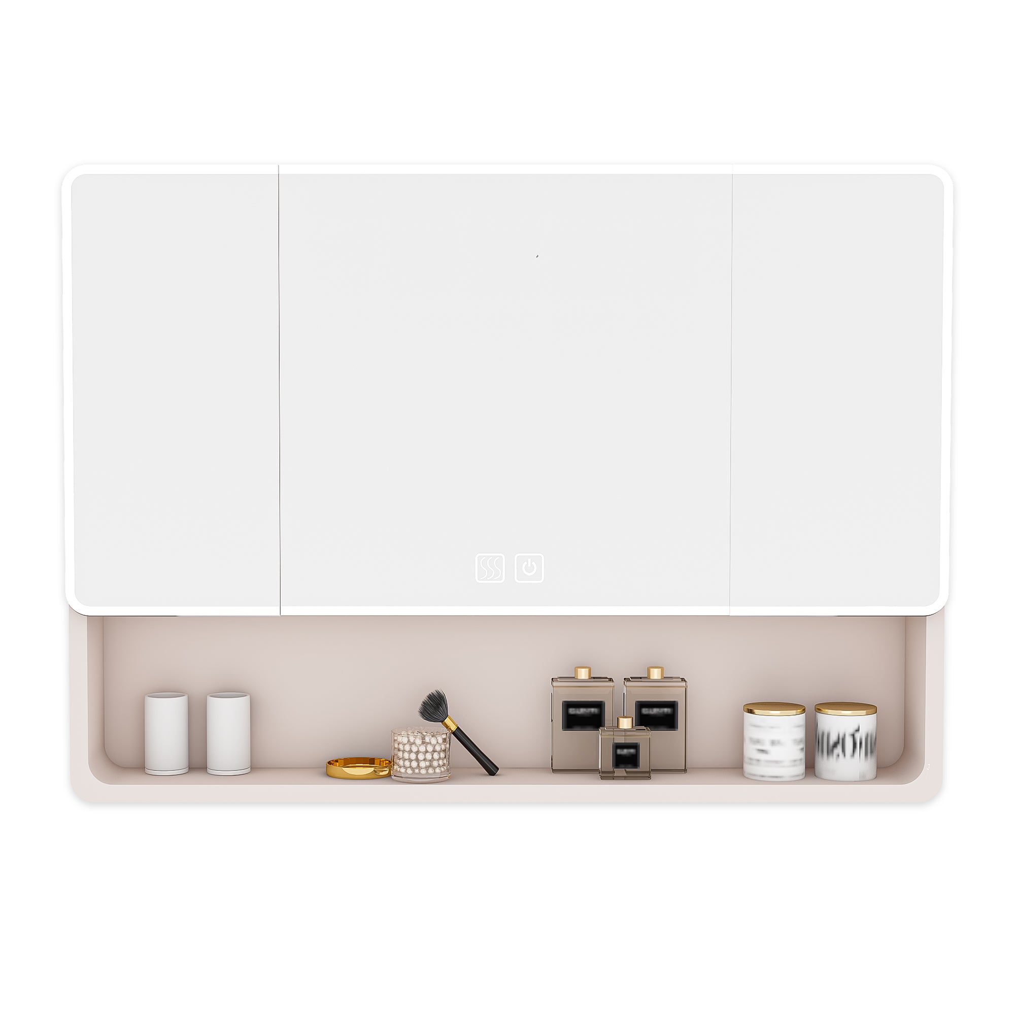 Aluminium Medicine Cabinet Mirror, 35 x 28 Inches with 3 Colors LED Light and Defogging Function, Khaki