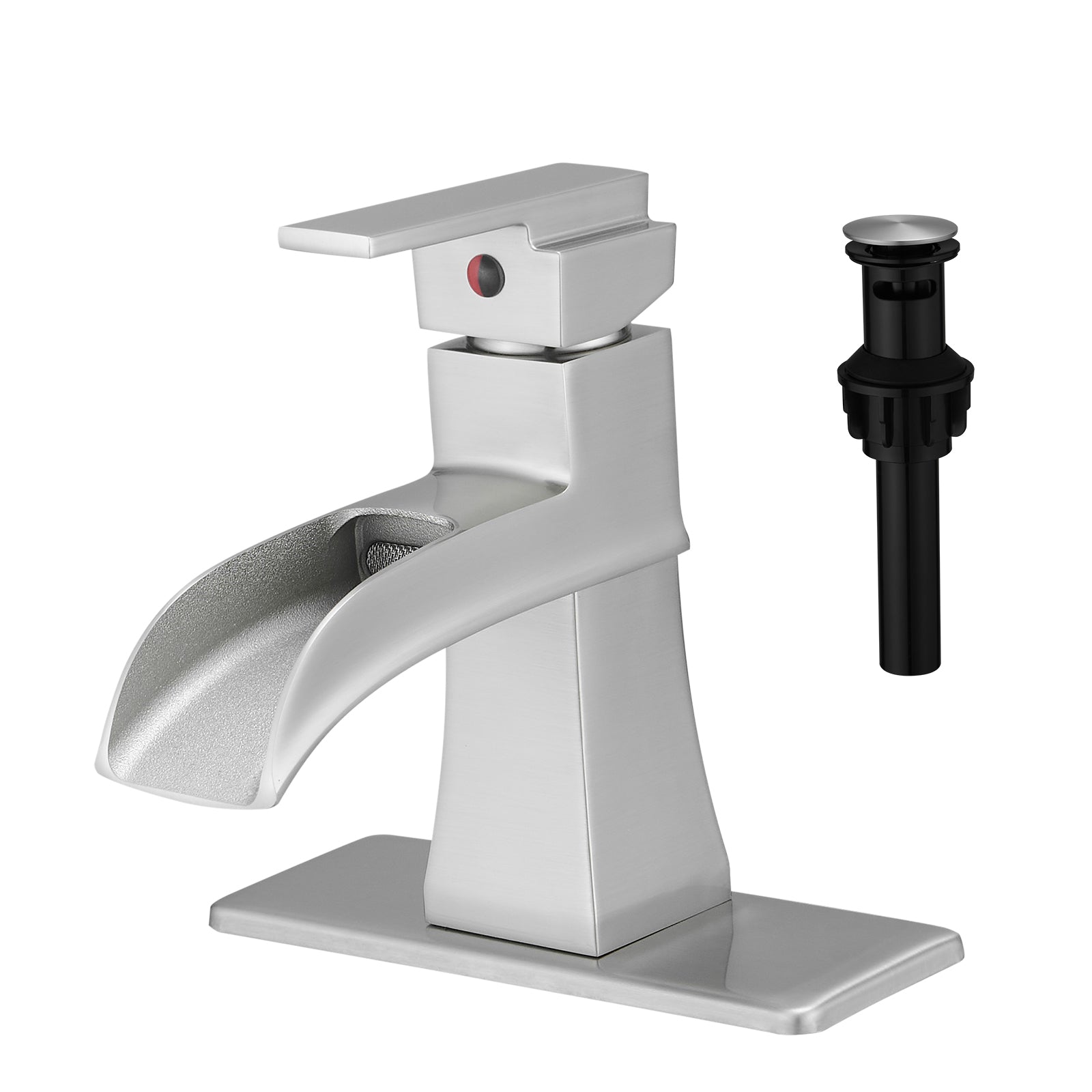Sink Faucet With Deck Plate Waterfall Brushsed with Pop Up Drain and Supply Lines Bathroom faucets for Sink 1 Hole One Handle Faucets Vanity Bath Mixer Tap