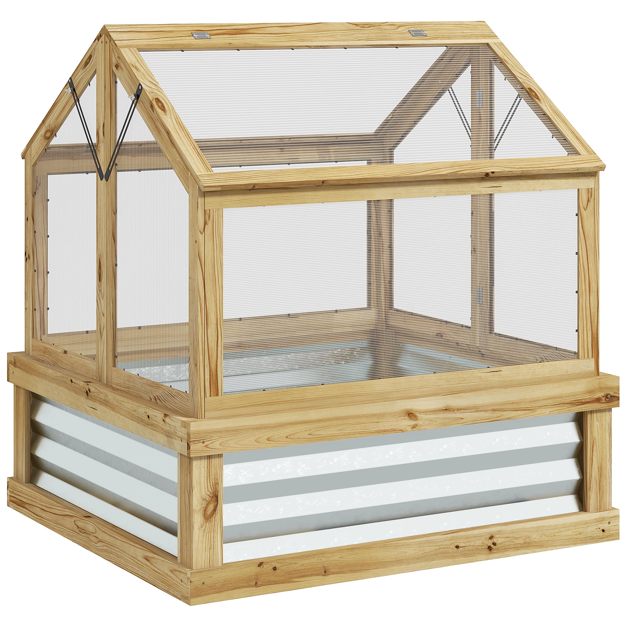 Outsunny Raised Garden Bed with Polycarbonate Greenhouse, Garden Wooden Cold Frame Greenhouse Flower Planter Protection, Peak Roof, 35.5' x 31.5' x 36', Natural