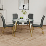 Modern style glass Circle table, elegant transparent design, durable support base, Charcoal PU dining chair set, Gold-plated chair legs, suitable for restaurant kitchens(set of 5)