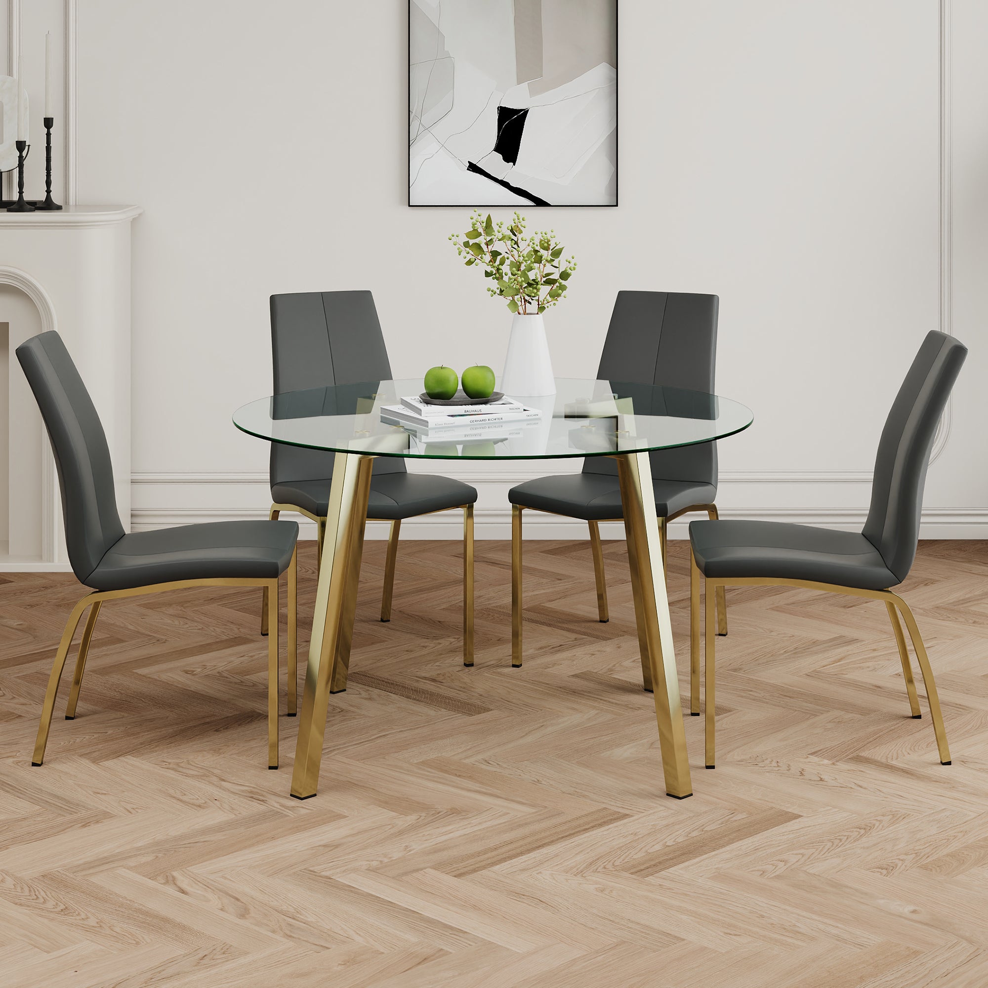 Modern style glass Circle table, elegant transparent design, durable support base, Charcoal PU dining chair set, Gold-plated chair legs, suitable for restaurant kitchens(set of 5)