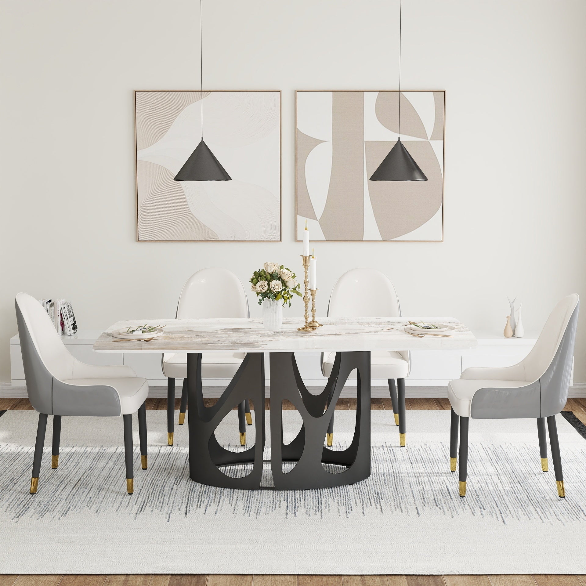 70.86 'Modern Artificial Stone Curved Pandora White Panel Black Iron Metal Legs-Can Accommodate 6-8 People