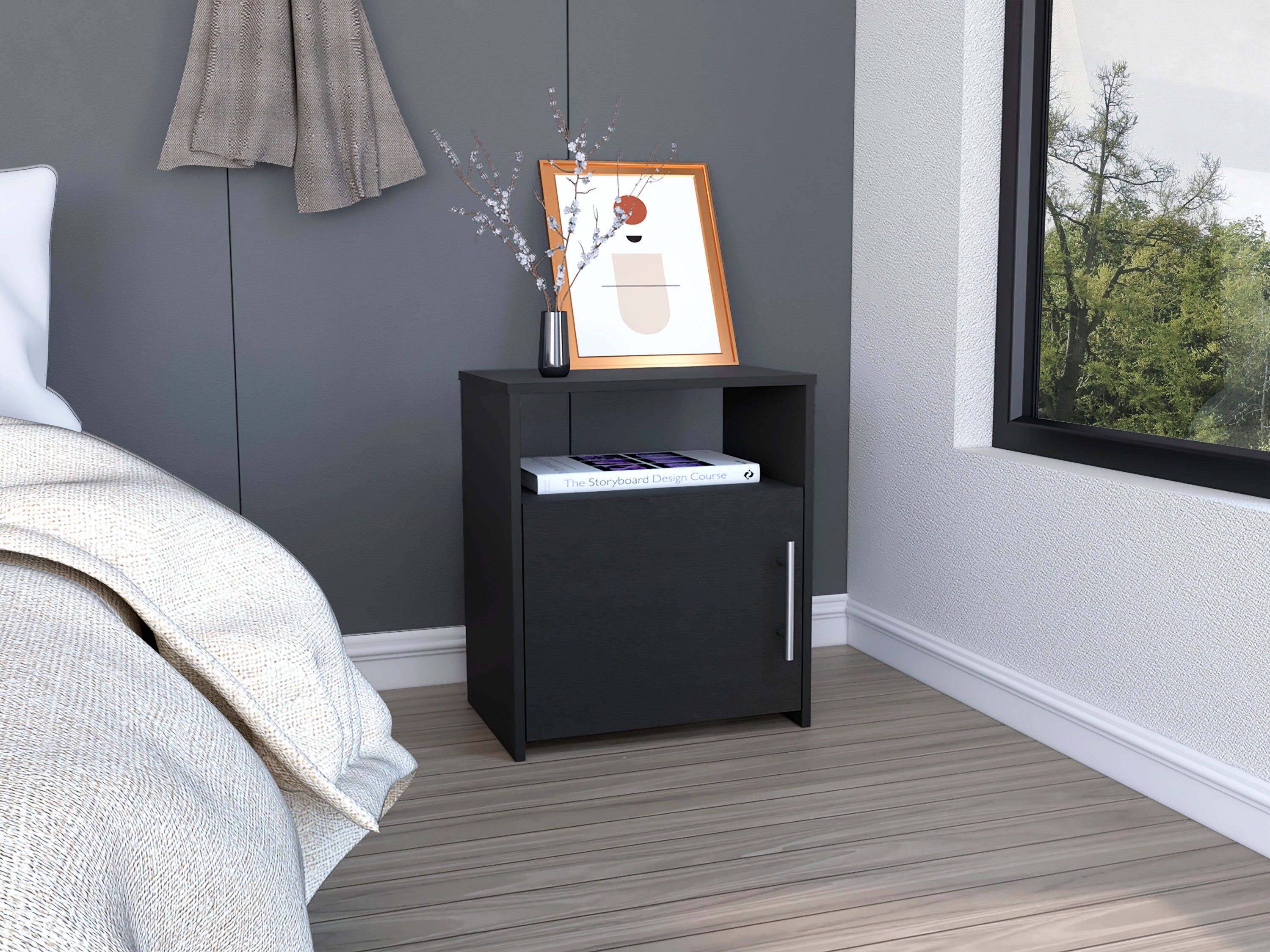 Nightstand Cuarzz, One Cabinet, Black Wengue Finish