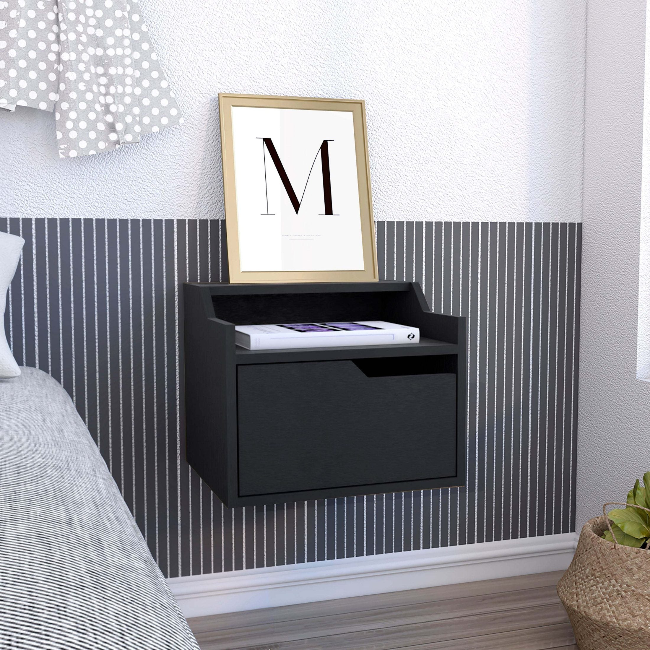 Busan Modern Floating Nightstand , End Table, Side Table Single-Drawer Design with Sleek Two-Tiered Top Shelf Surfaces- Black - Bedroom