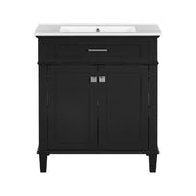 Modern 30-inch Black Bathroom Vanity with Ceramic Basin, Soft Close Doors, Adjustable Shelves, Silver Handles, Solid Wood Frame and MDF Panels