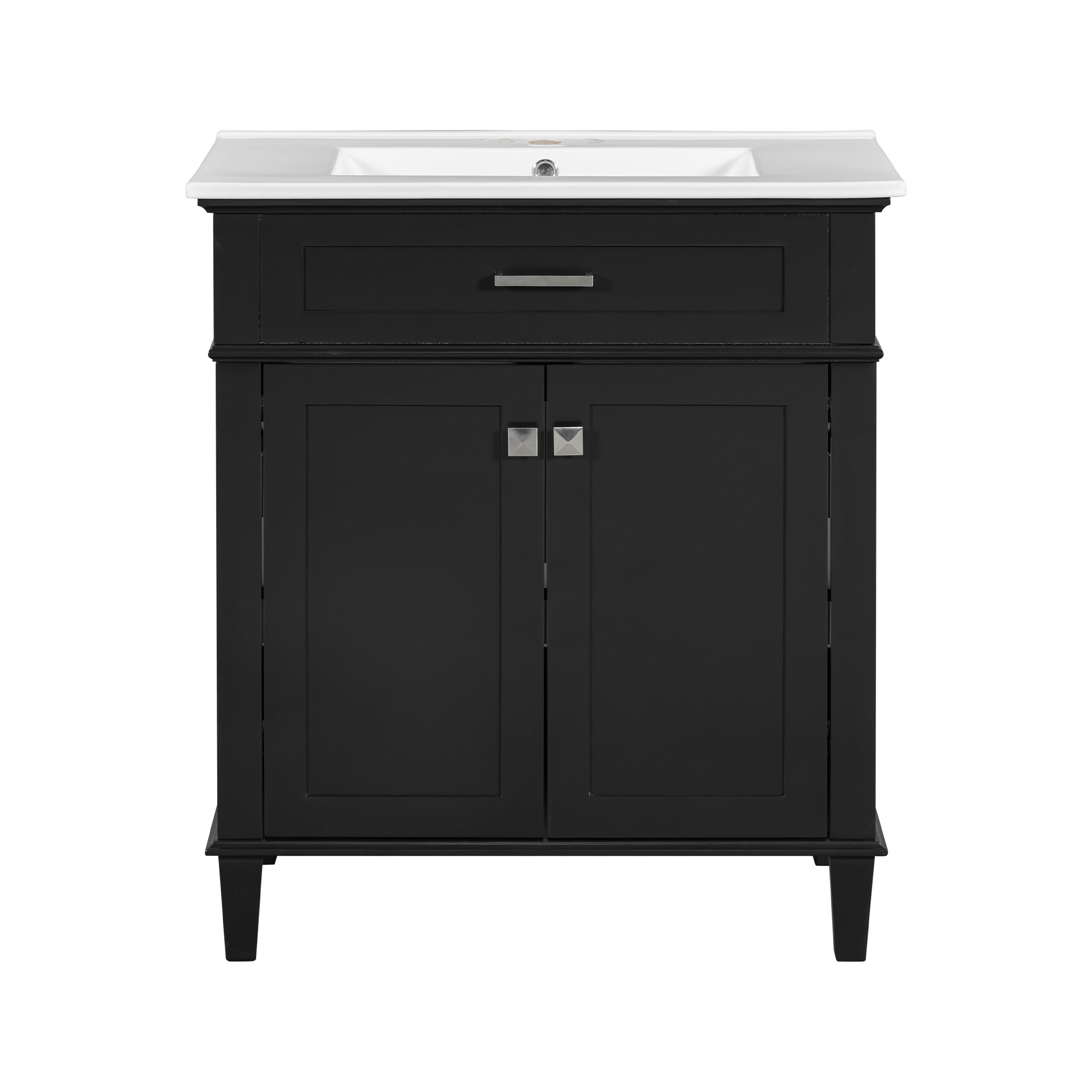 Modern 30-inch Black Bathroom Vanity with Ceramic Basin, Soft Close Doors, Adjustable Shelves, Silver Handles, Solid Wood Frame and MDF Panels