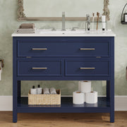 36' Bathroom Vanity with Ceramic Sink, Bathroom Vanity with Tip-Out Tray and 2 Full-Extension Drawers, Silver Pulls and Soft Close Drawer Slides Design, 1 Open Shelf at the Bottom, Blue
