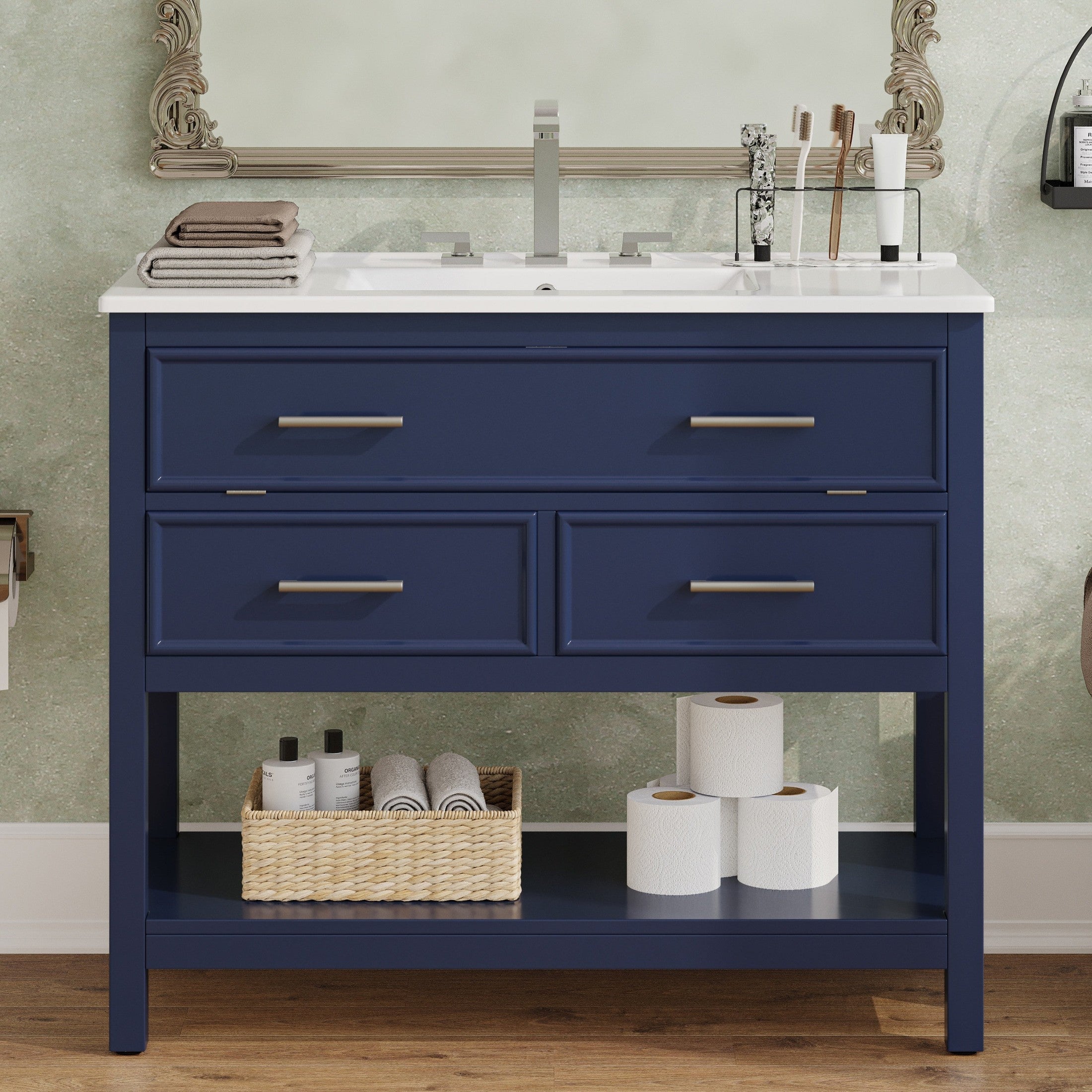 36' Bathroom Vanity with Ceramic Sink, Bathroom Vanity with Tip-Out Tray and 2 Full-Extension Drawers, Silver Pulls and Soft Close Drawer Slides Design, 1 Open Shelf at the Bottom, Blue
