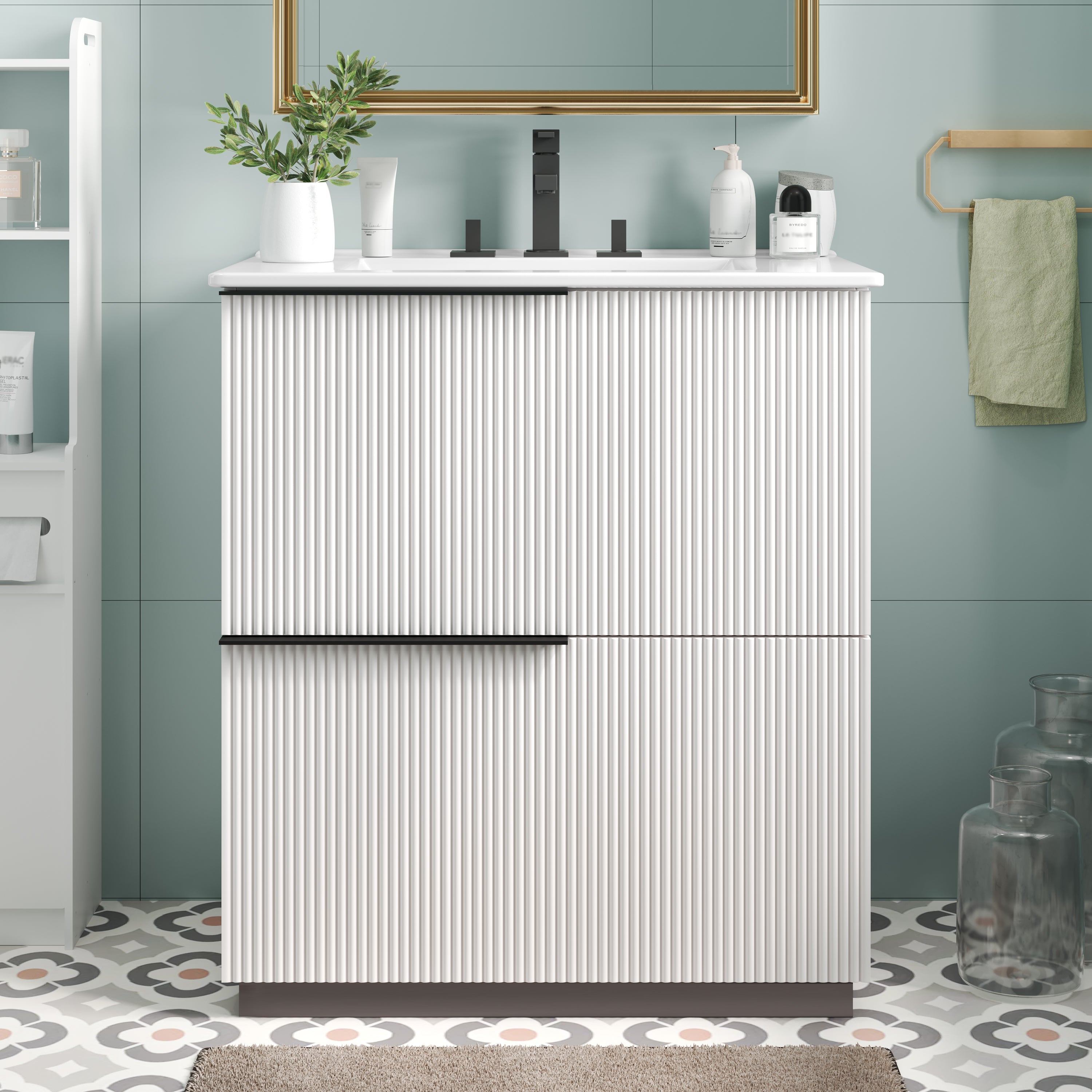 30' Bathroom Vanity with Ceramic Sink and Full-Extension Drawers, Soft Close Undermount Drawer Slides, Fluted Design, White