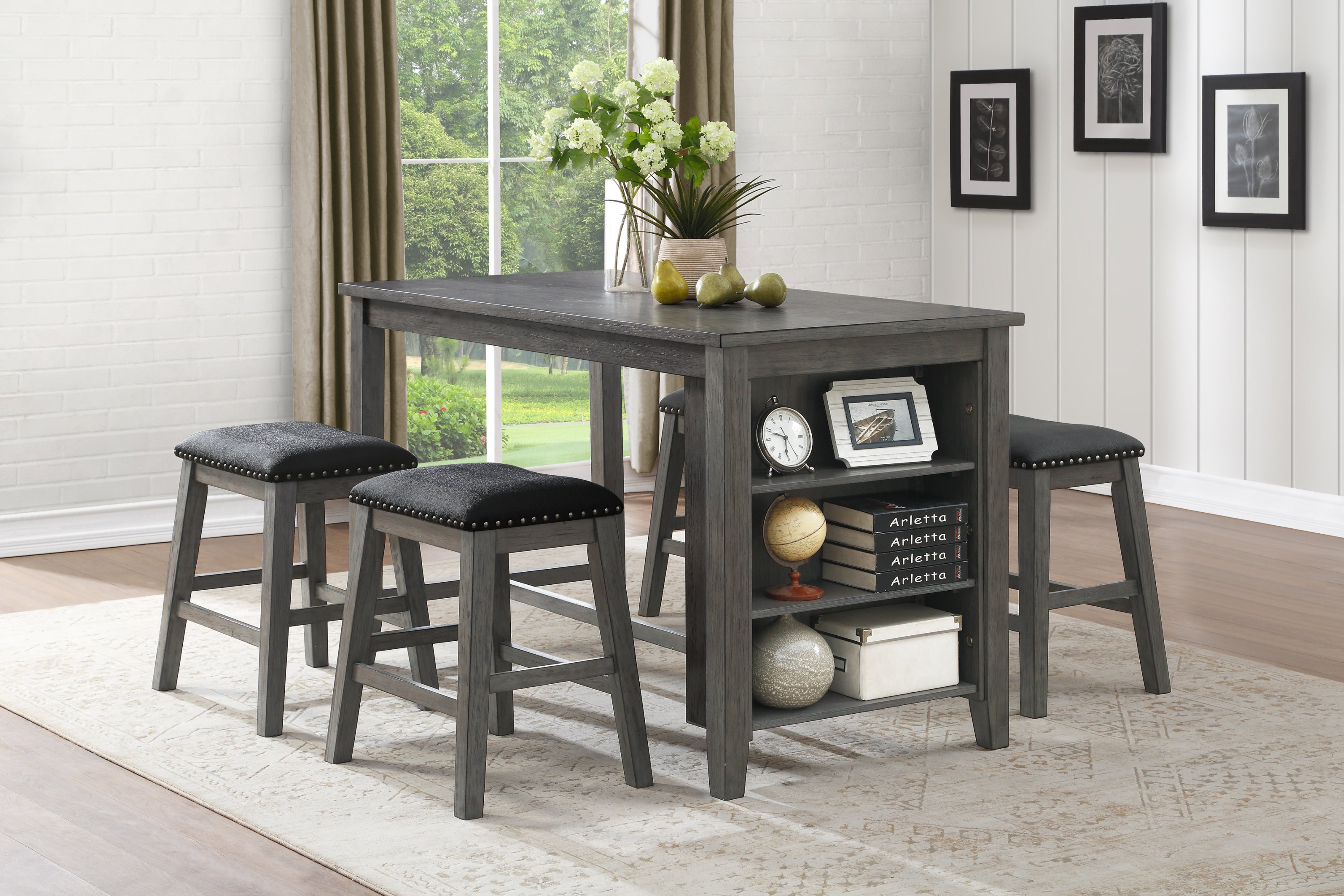 Gray Finish 5pc Counter Height Set Multifunctional Counter Height Table with 4 Stools Black Faux Leather Upholstery Nailhead Trim Dining Room Furniture