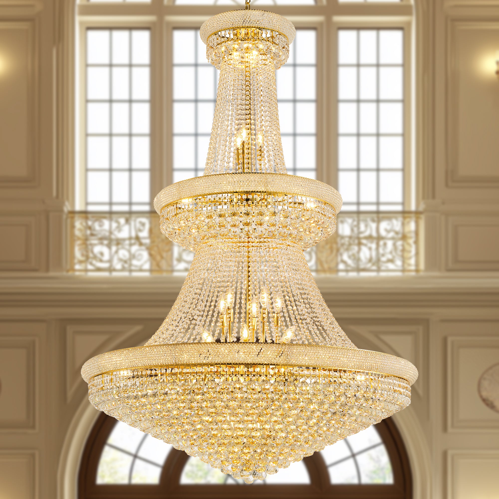 Grand Gold Crystal Chandelier, 48-Inch 3-Tier Empire Style with 42 E12 Bulbs, 680 Crystal Balls, Adjustable 79-Inch Chain, Ideal for Luxury Foyers and Staircases