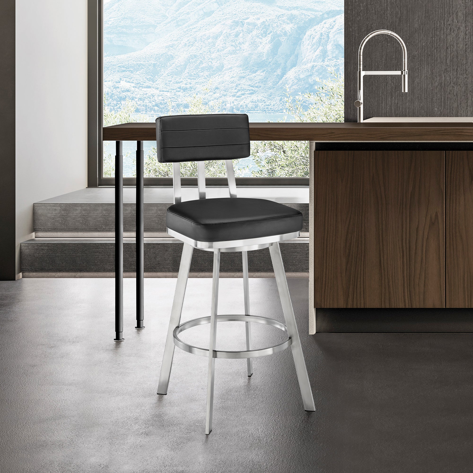 Benjamin 30' Swivel Bar Stool in Brushed Stainless Steel with Black Faux Leather