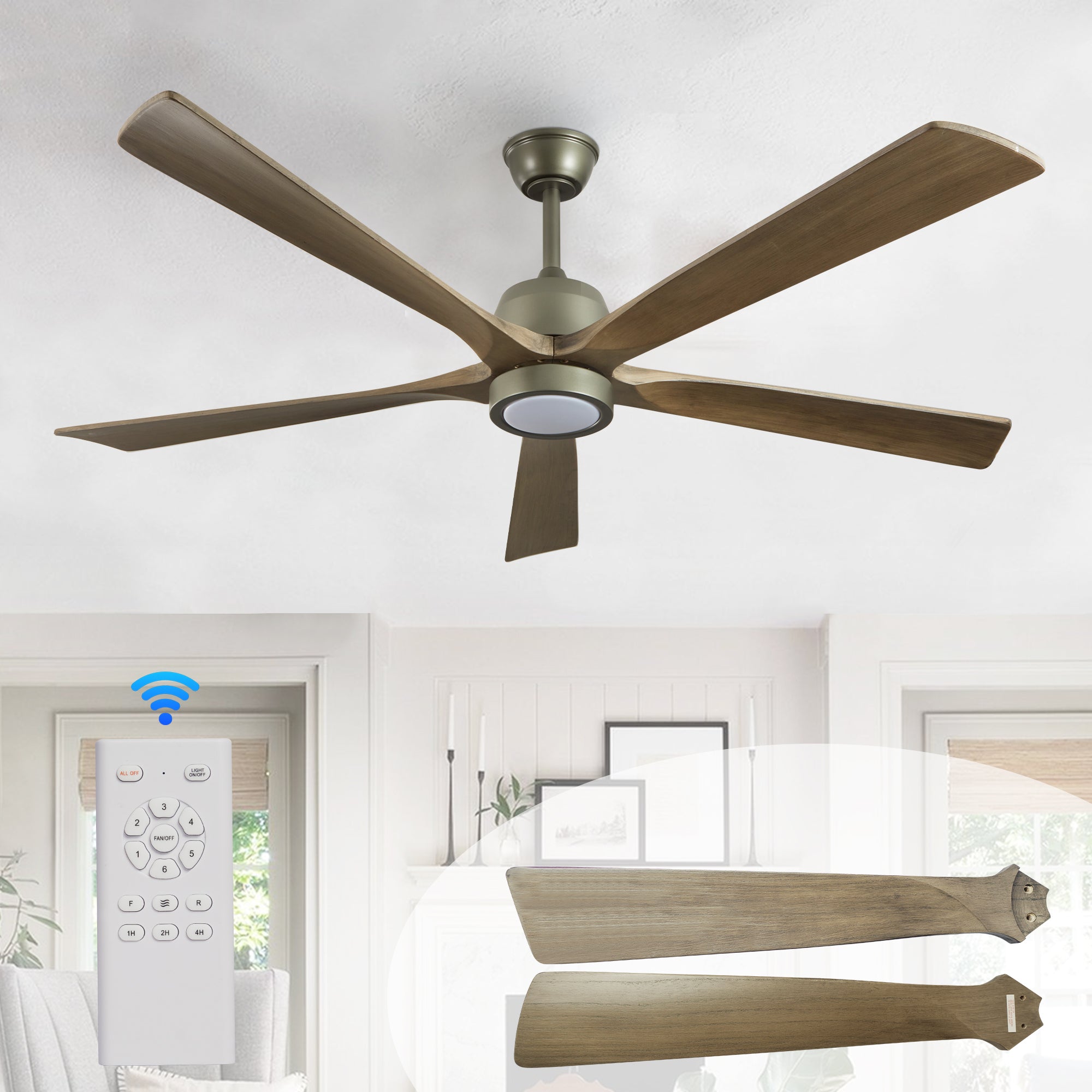 60' Modern Wood Ceiling Fan with Light and Remote Control,6-Speed Noiseless Reversible DC Motor, Ceiling Fan for Kitchen Dinning Living Room