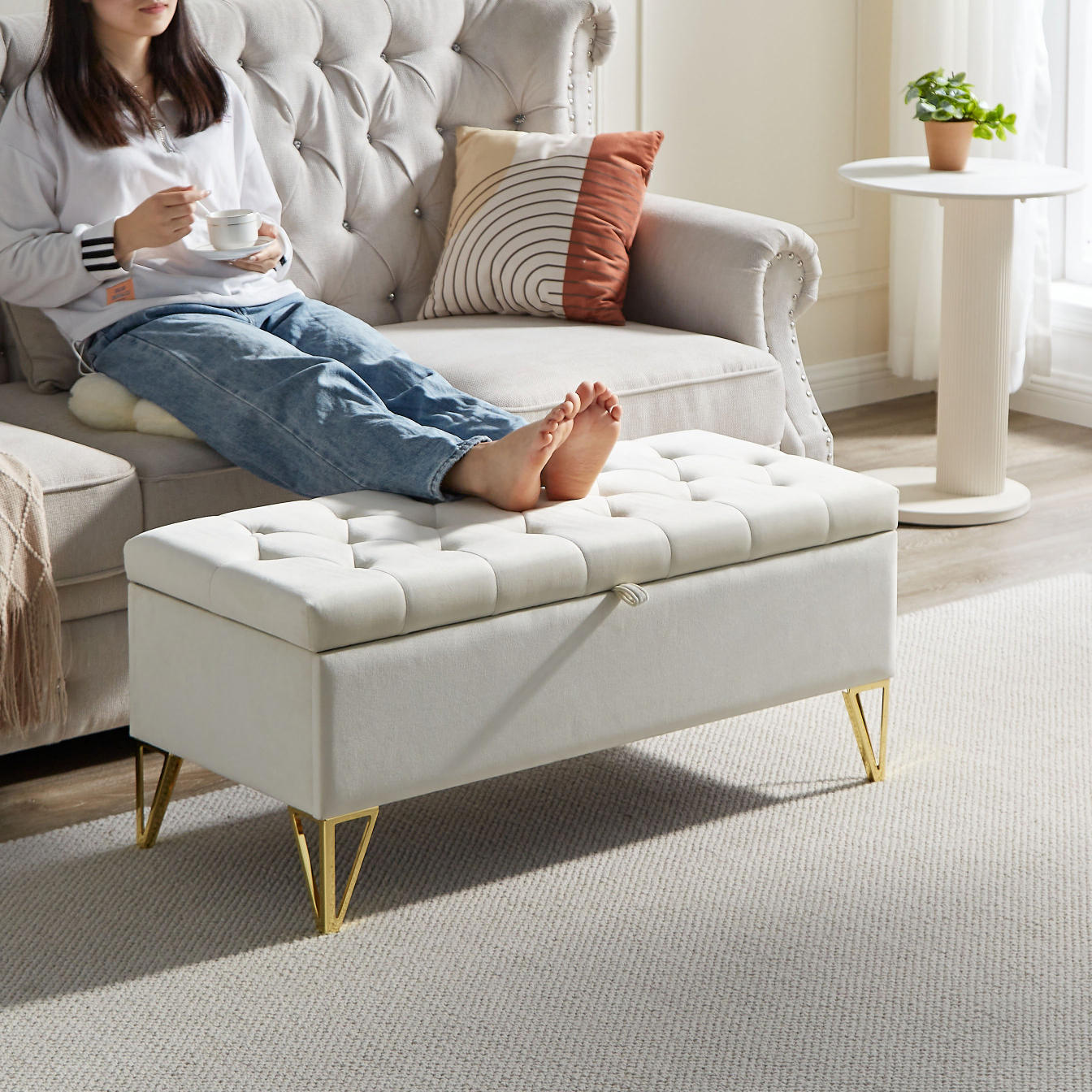 Upholstered storage rectangular bench for Entryway Bench,Bedroom end of Bed bench foot of the Bed,Bench Entryway,Light beige Velvet Fabric in gold stainless steel leg